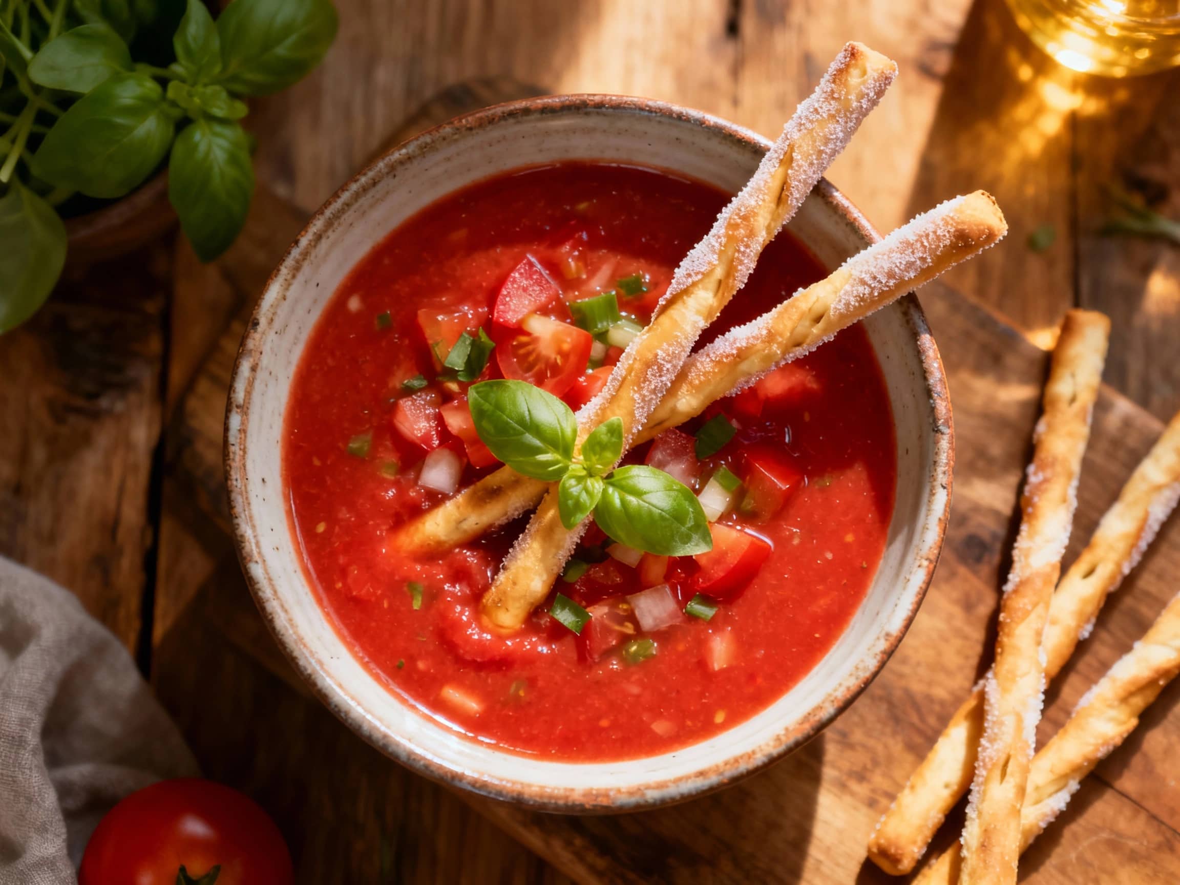 A vibrant red gazpacho is served cold in a white bowl, adorned with fresh green herbs and a drizzle of olive oil, accompanied by slender breadsticks on the side.