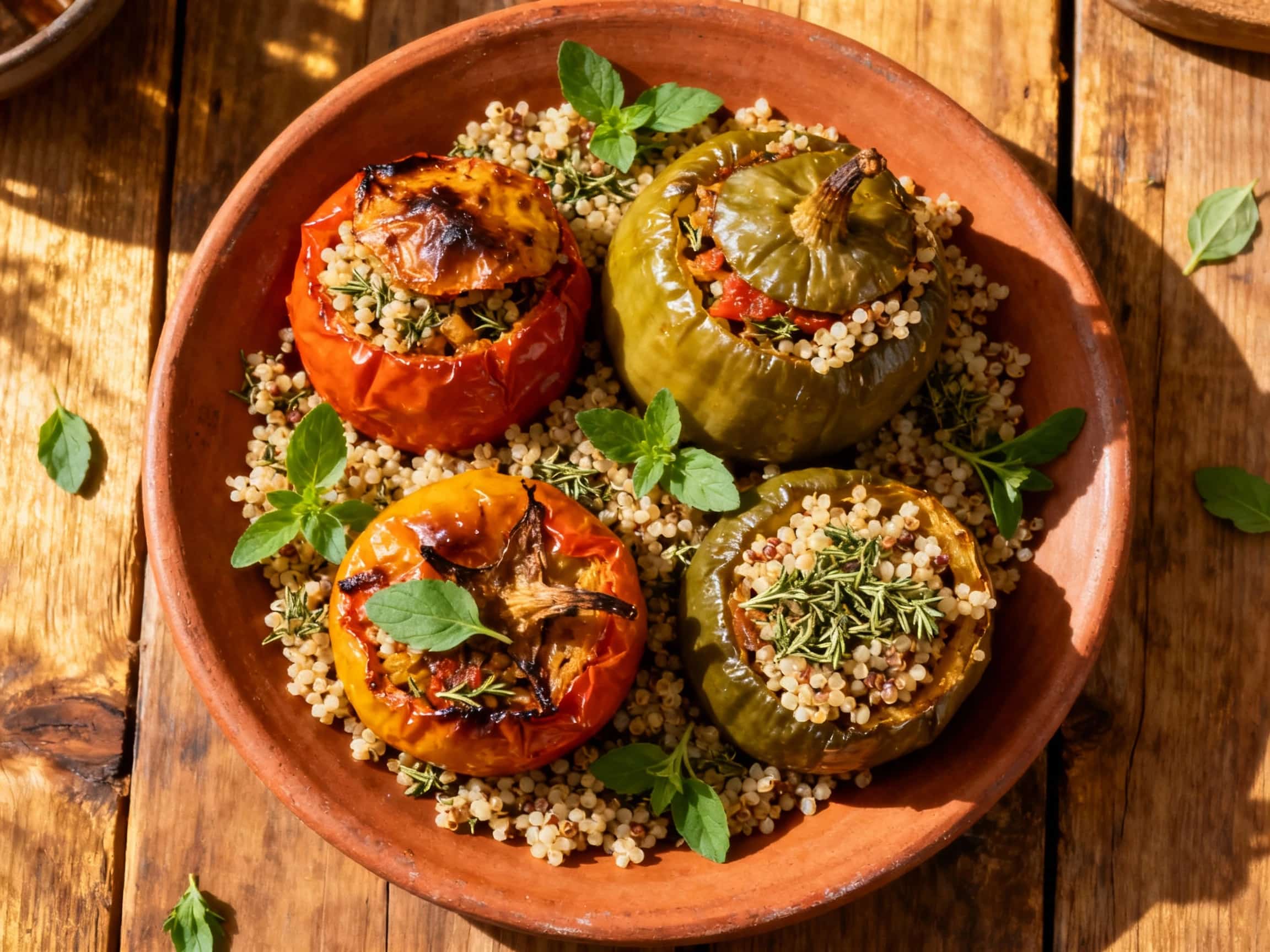 A light and fluffy mound of quinoa is topped with colorful roasted bell peppers stuffed with a savory, herbaceous filling, garnished with fresh oregano sprigs.