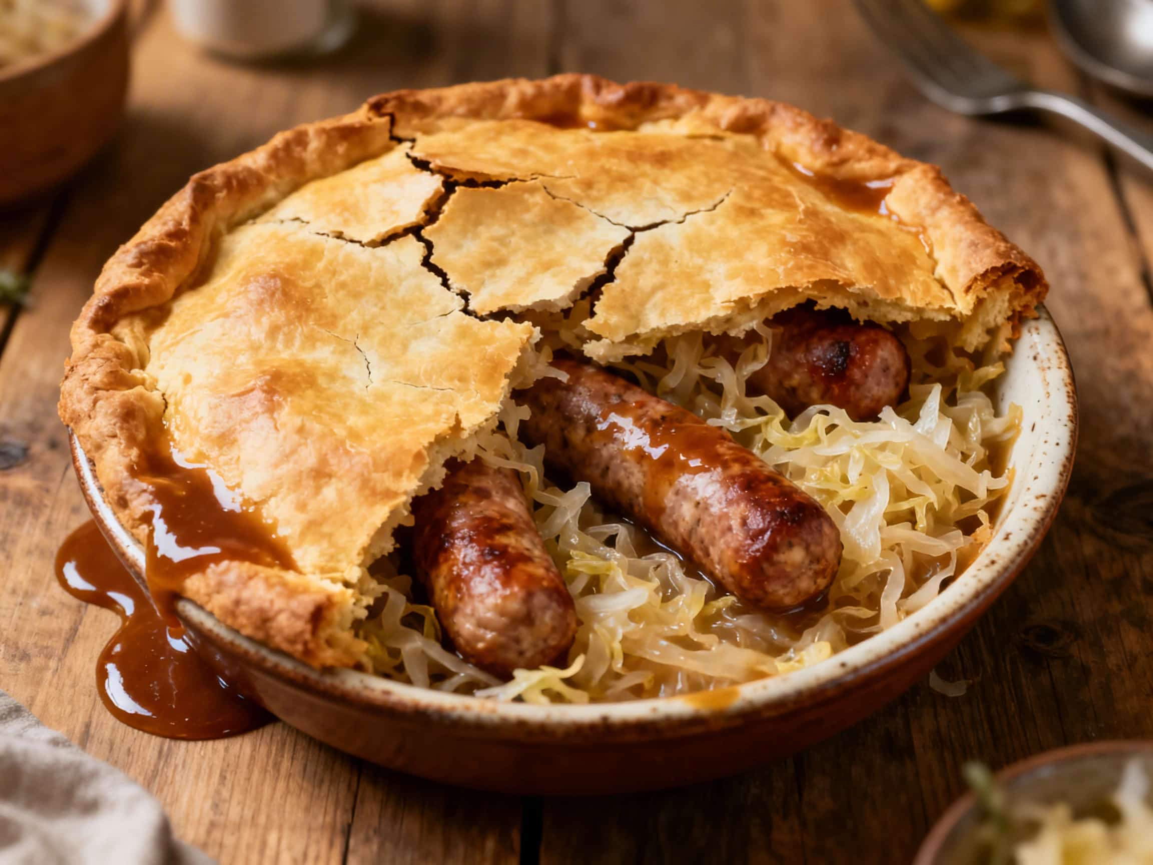 A rustic, golden-brown German bratwurst and sauerkraut pot pie, fresh from the oven, dominates the center of the frame. Its flaky puff pastry crust is beautifully risen and golden, with a small section removed to reveal the steaming, rich filling of crumbled bratwurst and tangy sauerkraut. The pie rests on a dark wooden surface, suggesting a warm and inviting meal.
