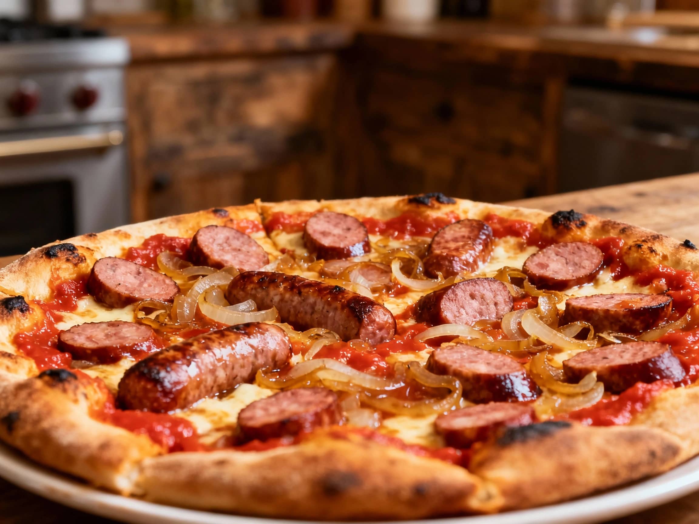 An overhead view of a German Bratwurst St. Louis Style Pizza, cut into square slices, resting on a rustic wooden cutting board. The pizza features a visibly thin, crispy golden crust, generously topped with savory grilled bratwurst slices, sweet deeply caramelized onions, and an abundant layer of gooey, melted Provel cheese. The vibrant colors of the toppings create an appetizing visual, suggestin