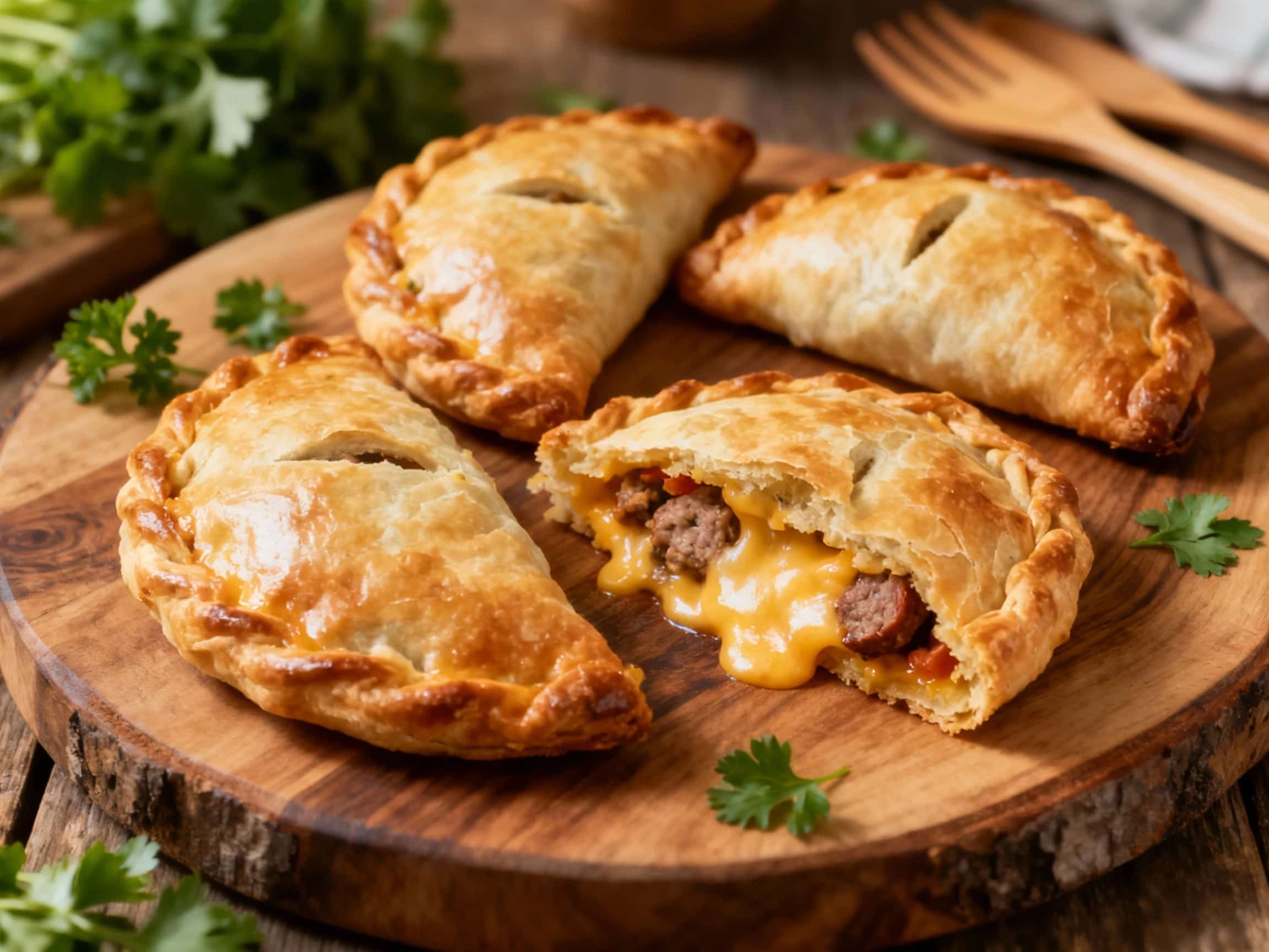 Golden brown, flaky pastry encases savory German sausage and melty cheese in these delightful hand pies, presented on a rustic wooden board with a sprinkle of fresh parsley.
