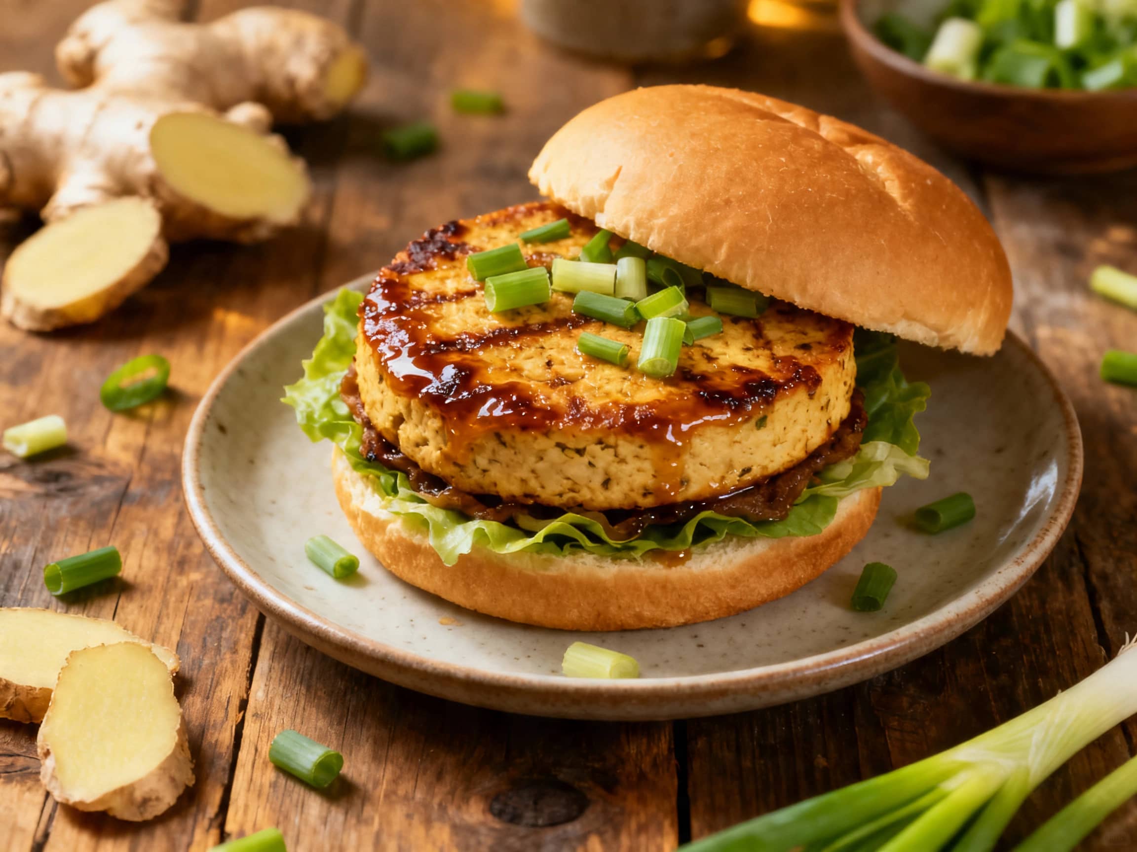 A perfectly cooked Ginger Scallion Tofu Burger, nestled in a toasted brioche bun, is presented on a white plate. The golden-brown tofu patty is visible, topped with fresh green scallions and a glossy soy-ginger glaze. A refreshing side of quick cucumber salad sits beside it, adding a vibrant contrast to the savory burger. The setting is bright and inviting, showcasing a delicious plant-based meal.