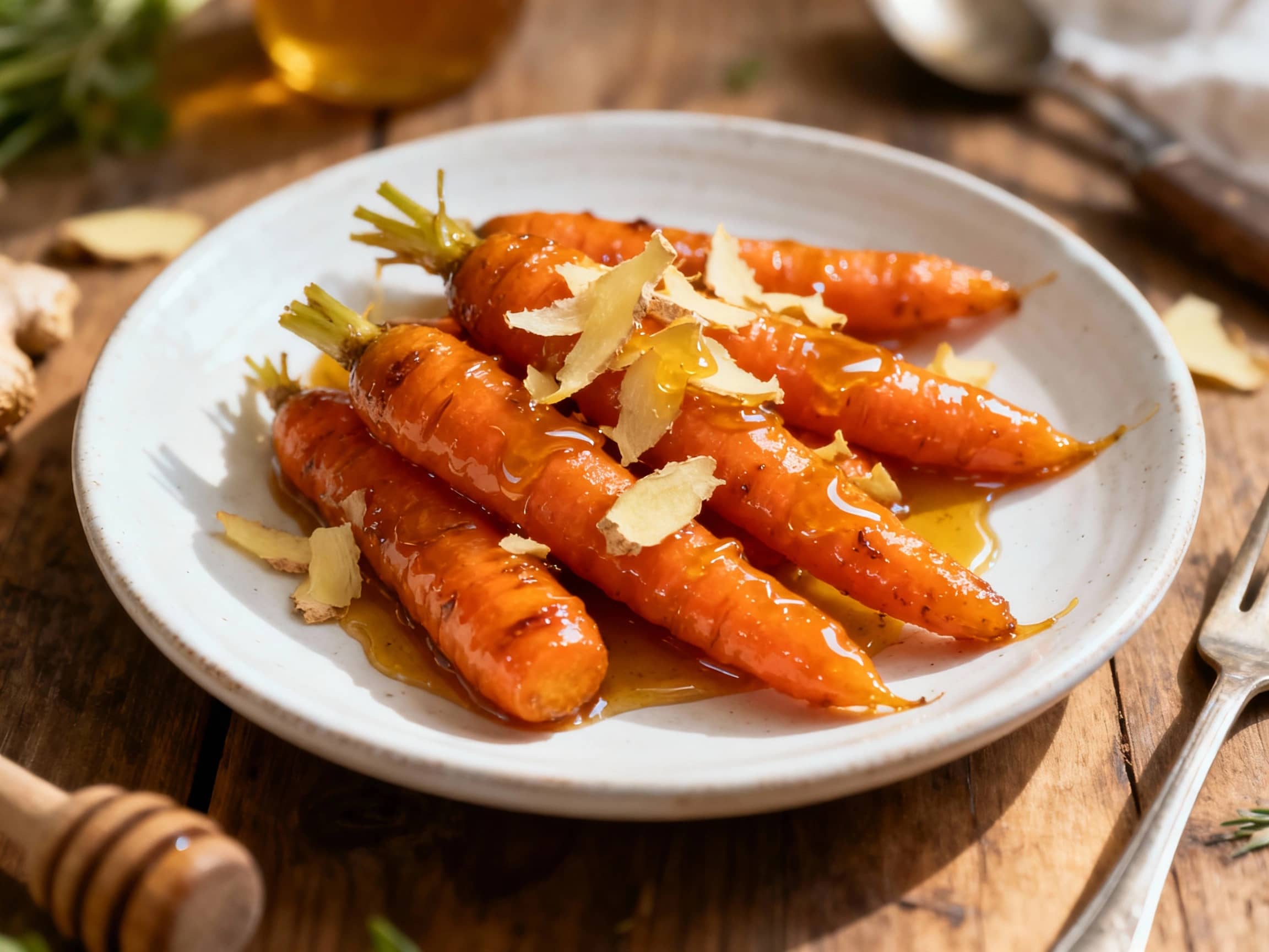 Bright orange glazed carrots, glistening with honey and speckled with fresh ginger, are piled high on a white ceramic plate, ready to be served.