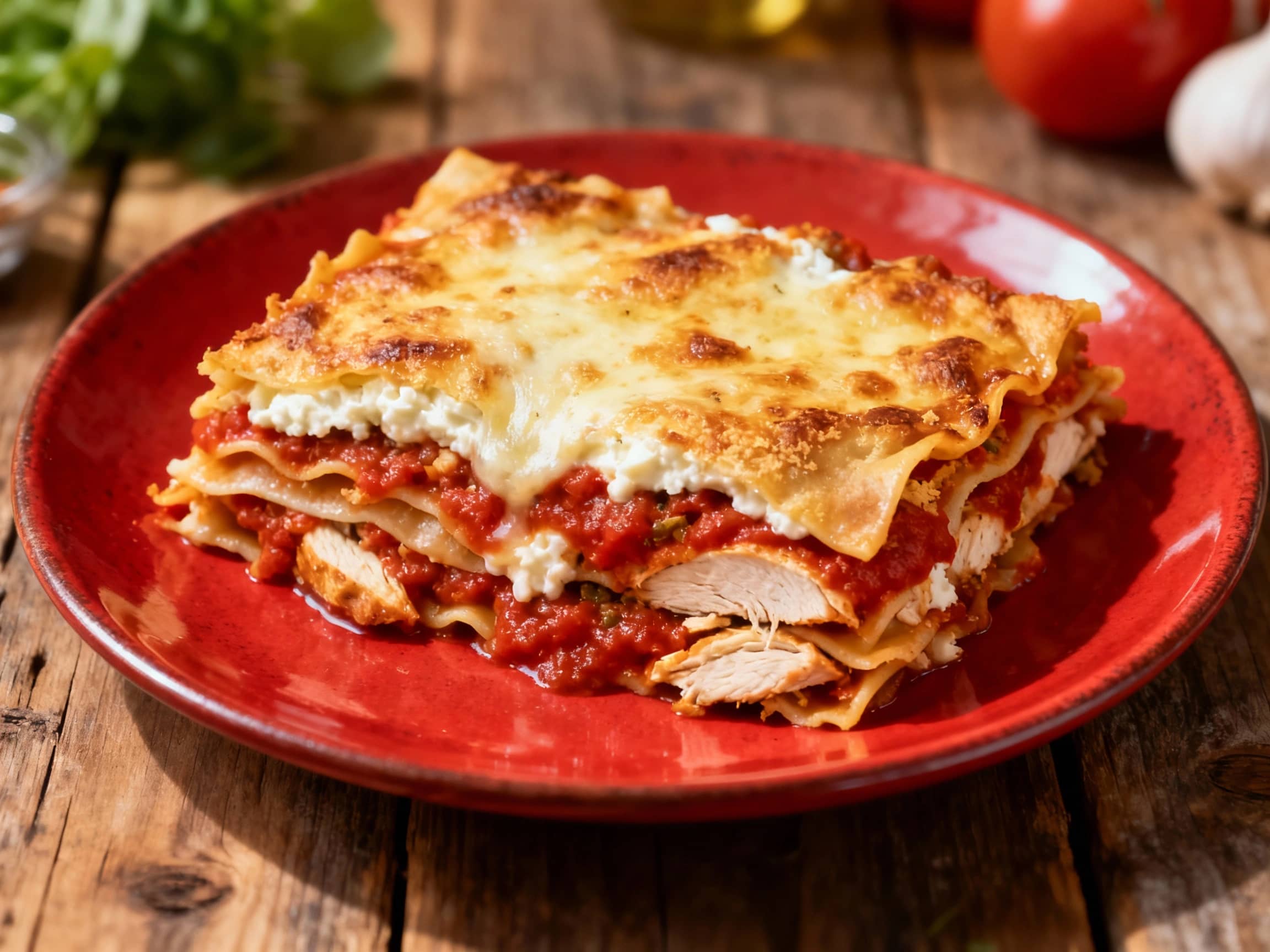 A hearty gluten-free chicken lasagna is baked to bubbly perfection in a white dish, topped with fresh basil leaves and a side of vibrant marinara sauce on a rustic wooden table.