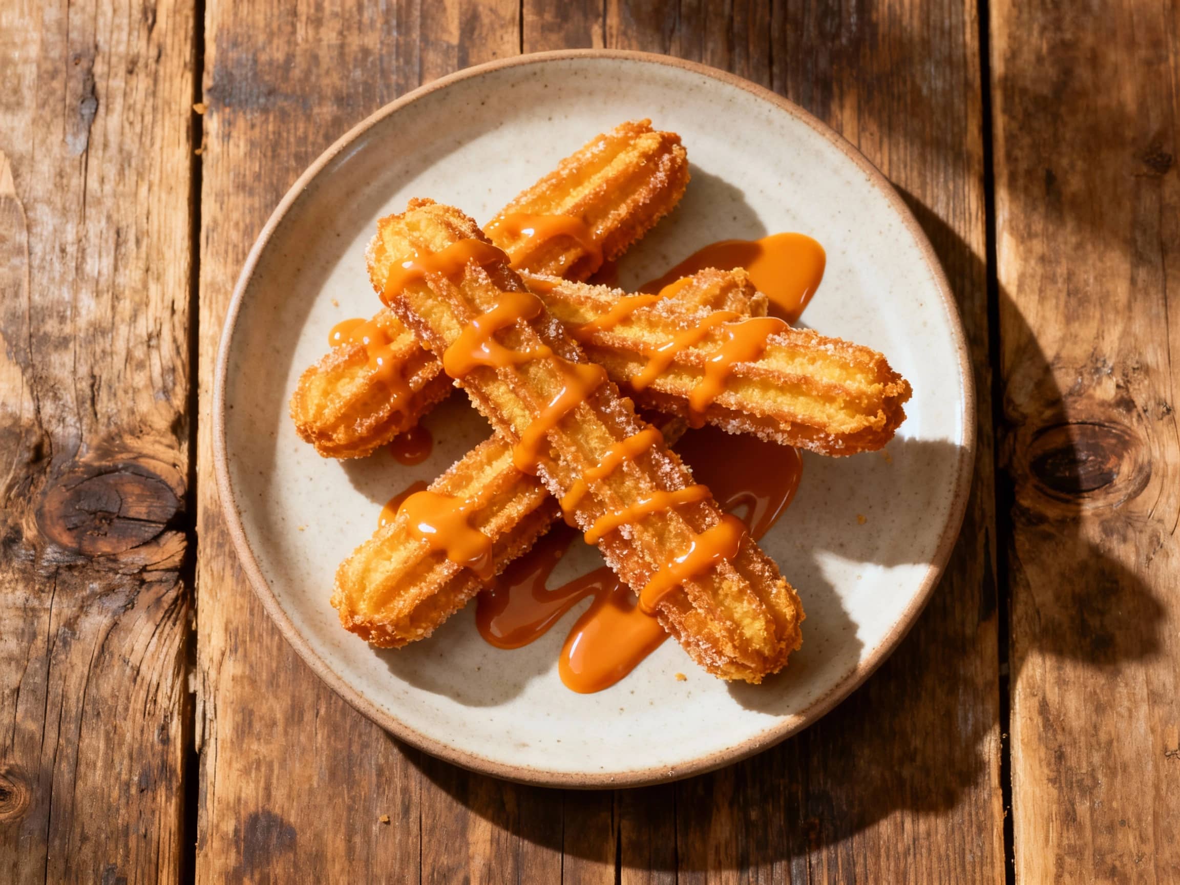 Golden-brown, ridged churros dusted with cinnamon sugar are artfully arranged on a white plate, ready for dipping into a rich, dark chocolate sauce with a hint of orange.
