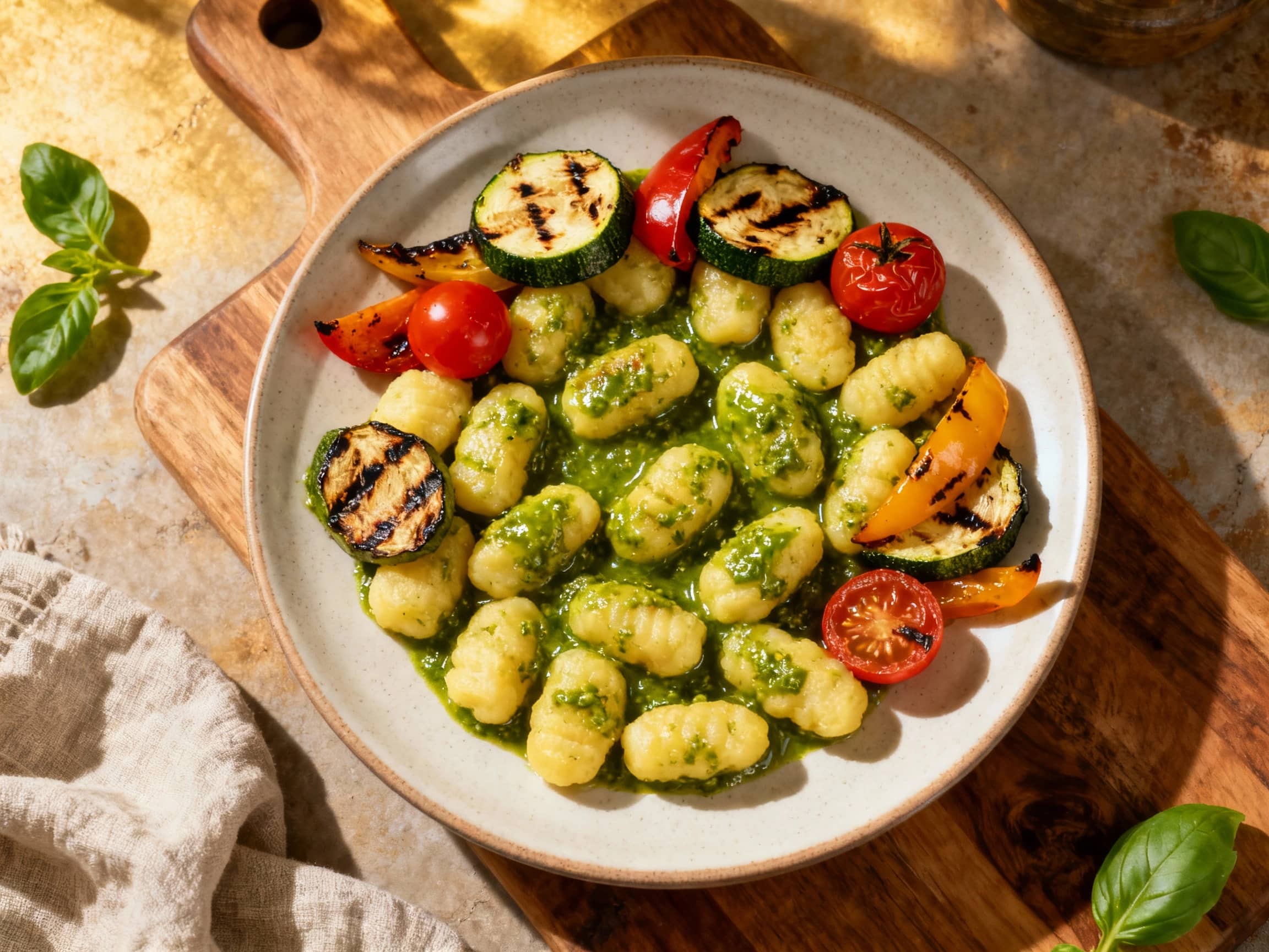 A vibrant plate of fluffy gnocchi coated in bright green pesto is artfully topped with colorful, perfectly grilled zucchini, bell peppers, and cherry tomatoes, creating a visually appealing and summery dish.