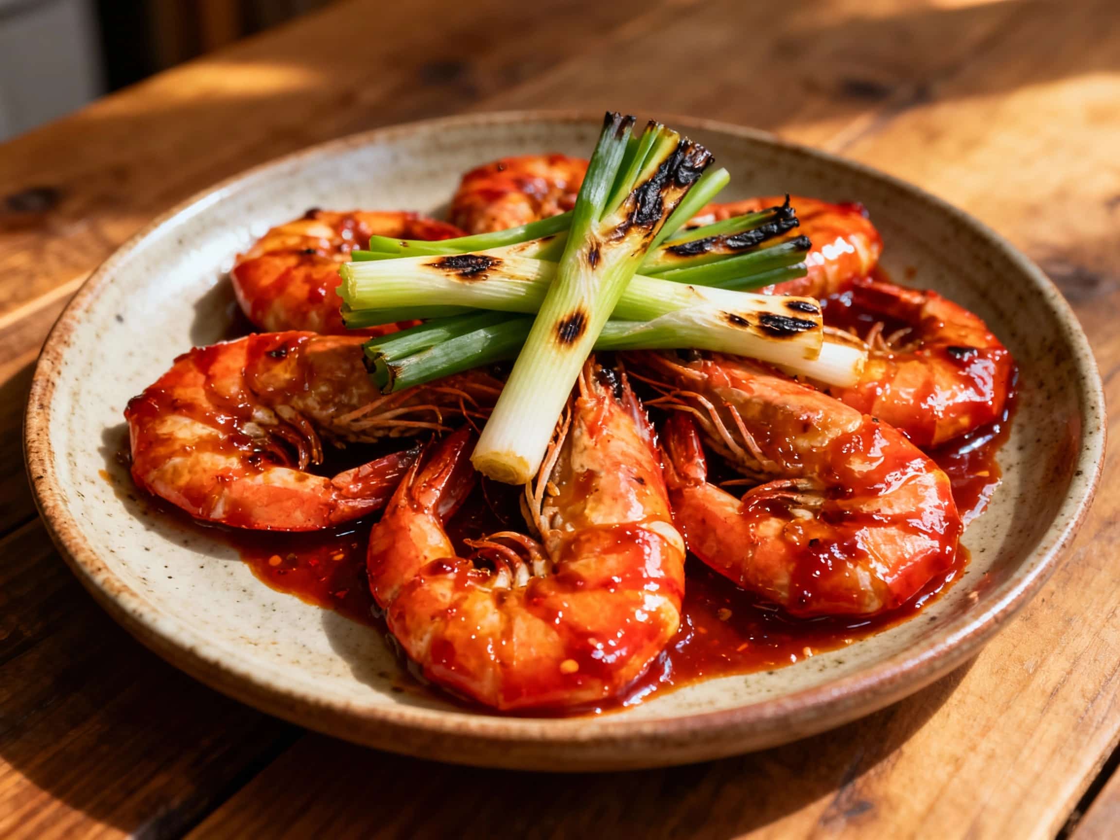 A close-up of grilled prawns glazed in a vibrant, glossy red gochujang sauce, artfully arranged on a rustic wooden platter. The prawns are plump and cooked to perfection, showcasing their caramelized edges. Charred green scallions are delicately placed around them, adding a fresh contrast. A sprinkle of toasted sesame seeds garnishes the dish, enhancing its visual appeal. The setting evokes a warm