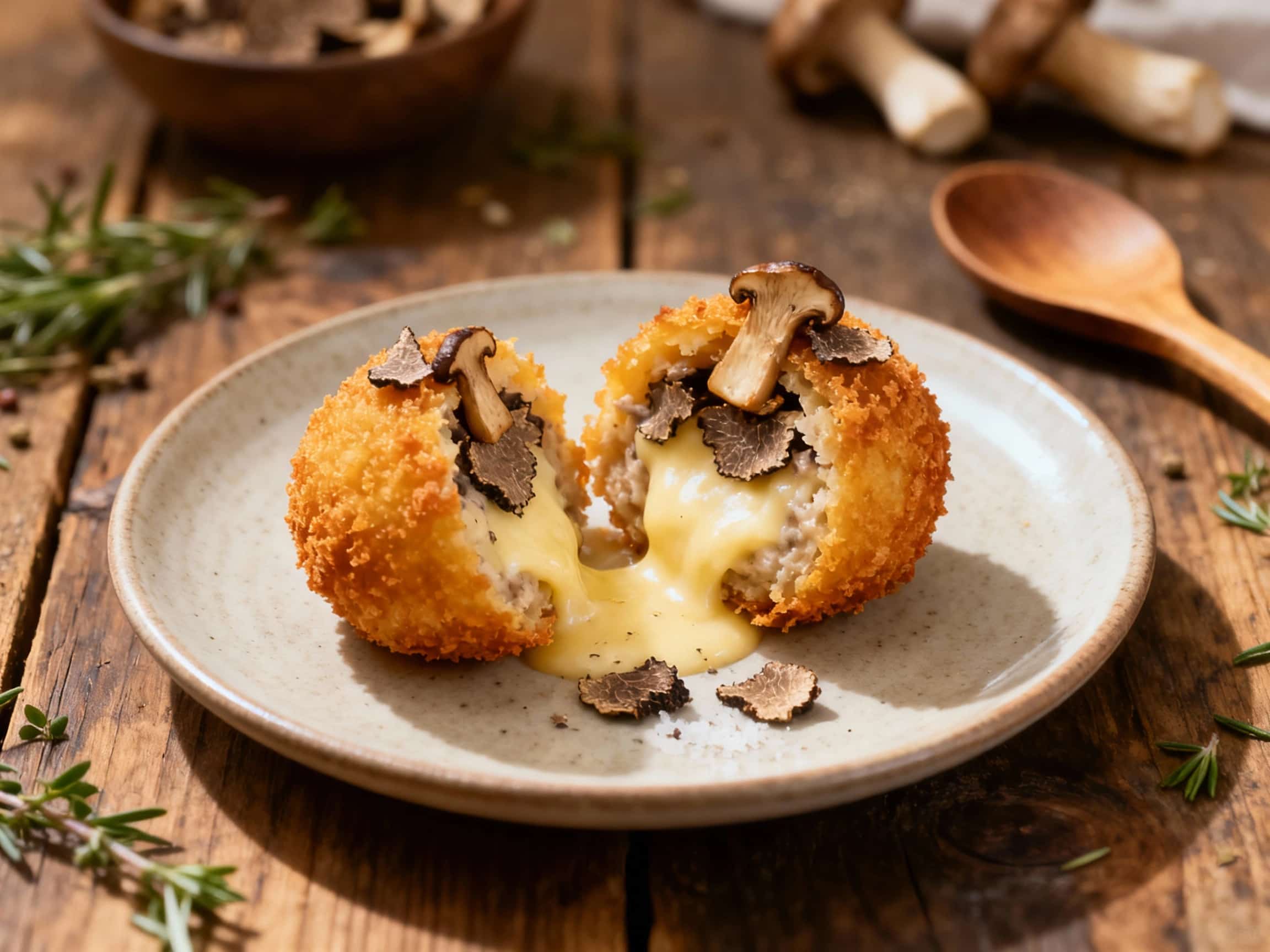 Golden-brown, crispy arancini balls are artfully arranged on a dark plate, drizzled with a creamy sauce and sprinkled with fresh parsley, hinting at rich truffle and earthy porcini flavors.
