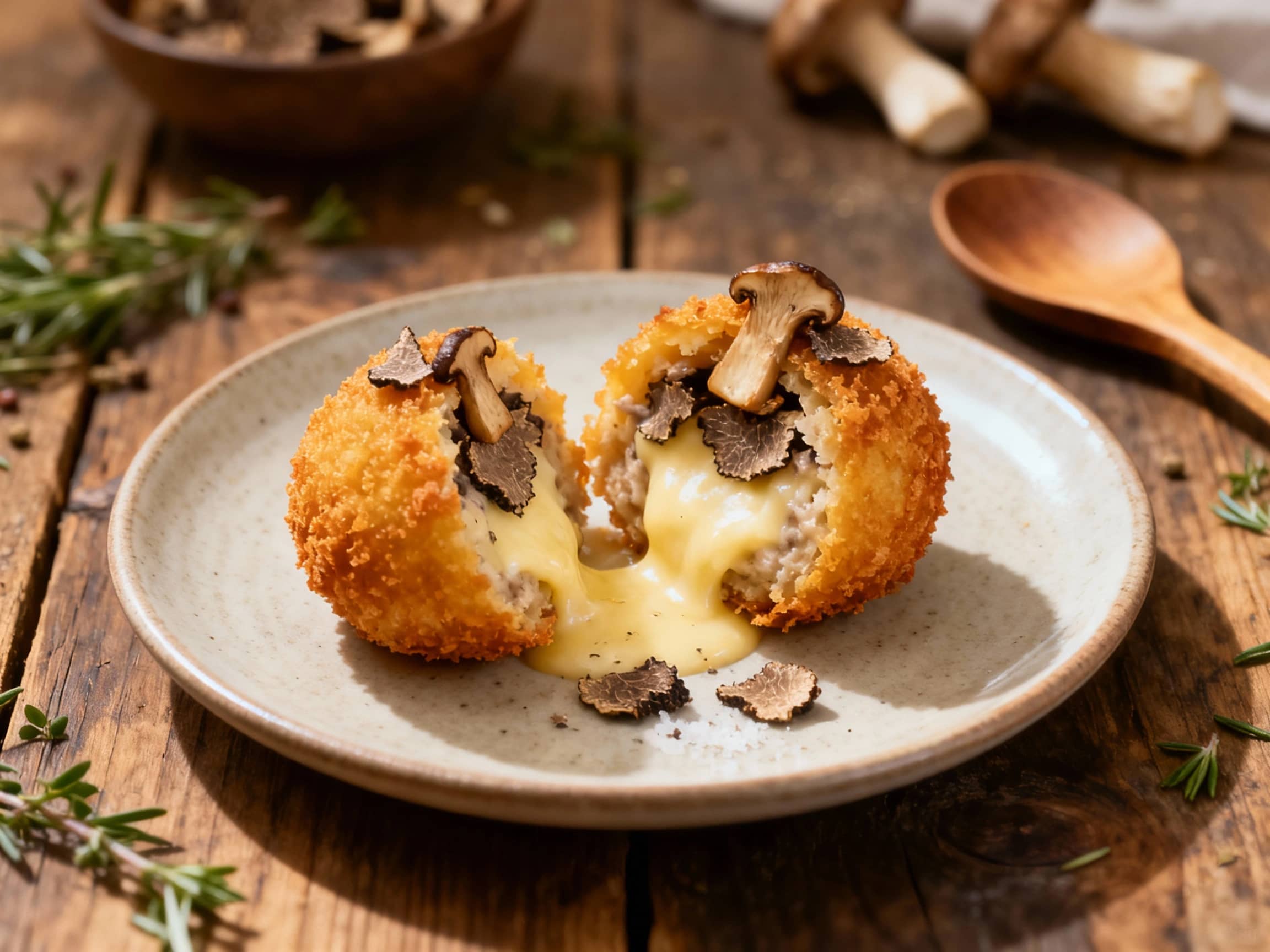 Golden-brown, crispy arancini balls are artfully arranged on a dark plate, drizzled with a creamy sauce and sprinkled with fresh parsley, hinting at rich truffle and earthy porcini flavors.