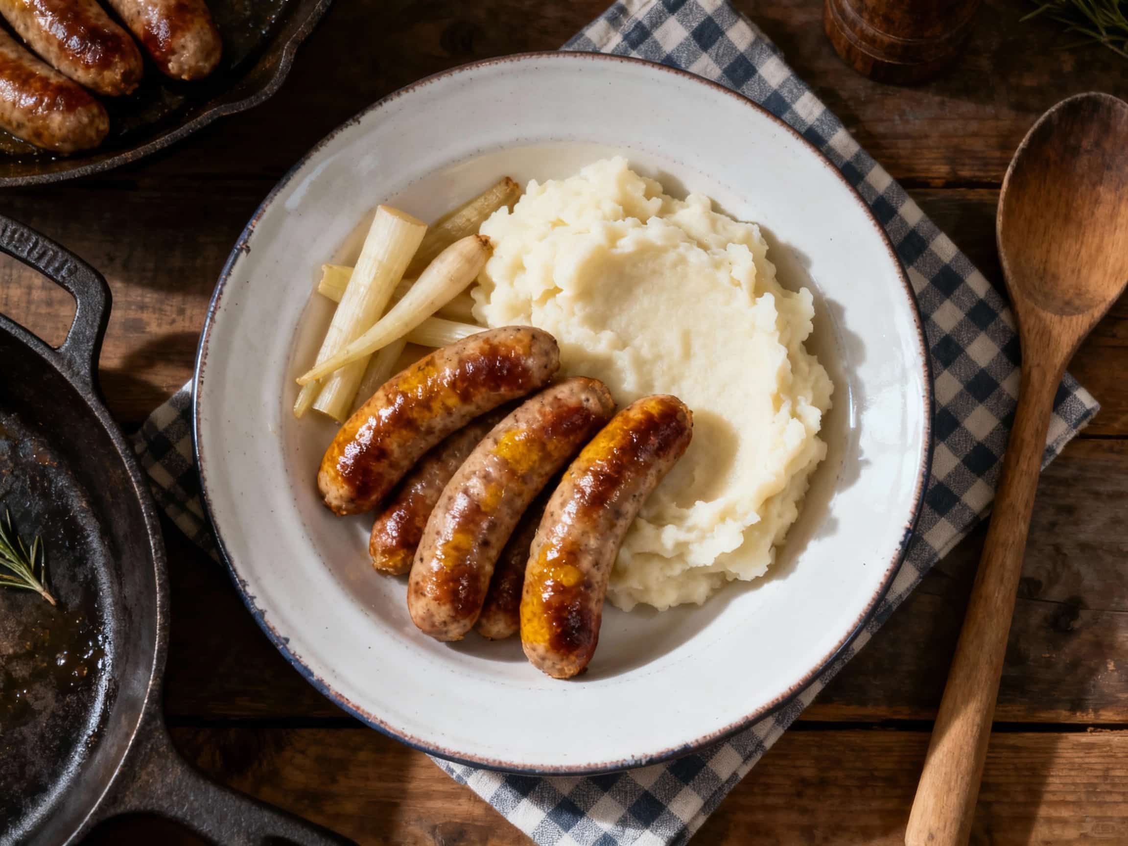 Plump, savory sausages rest atop creamy, golden parsnip puree, drizzled with rich gravy and sprinkled with fresh parsley for a comforting, upscale presentation.