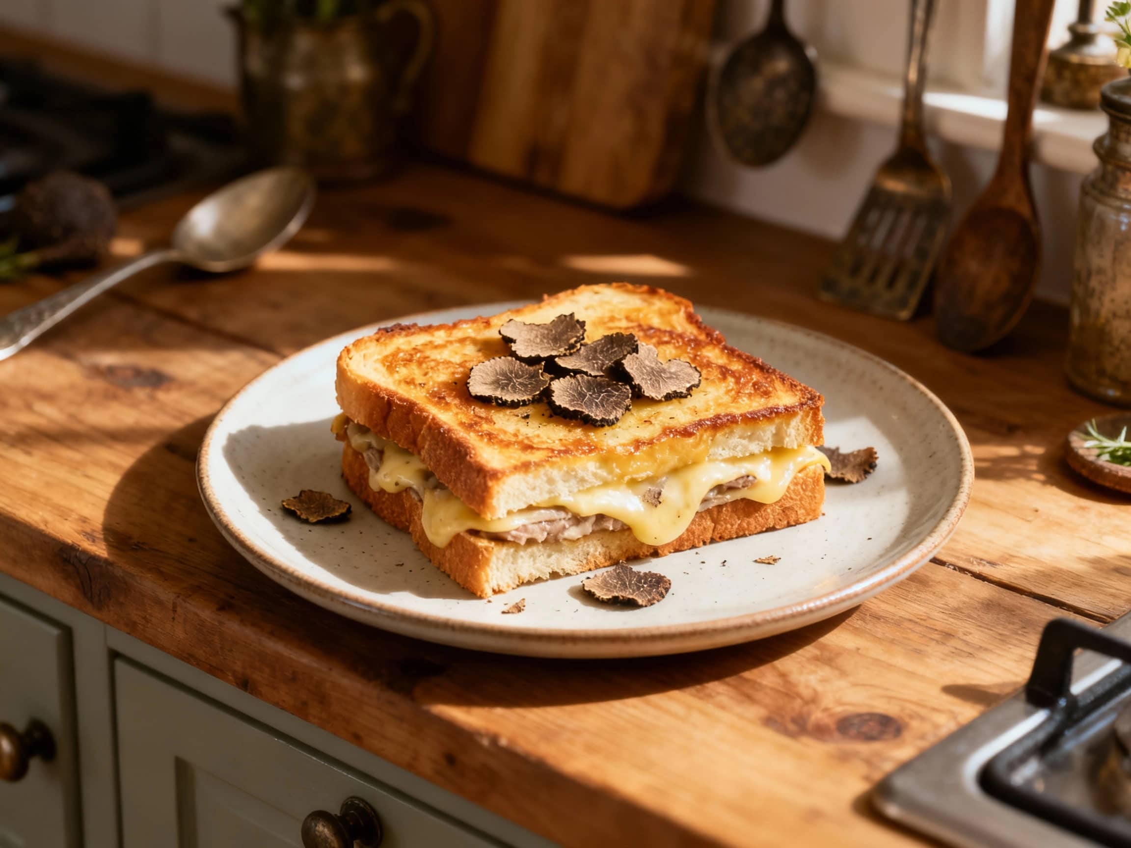 Golden-brown toasted brioche bread, generously filled with melted Gruyère cheese and a savory ham and béchamel sauce, is beautifully plated and finished with a delicate drizzle of truffle oil.