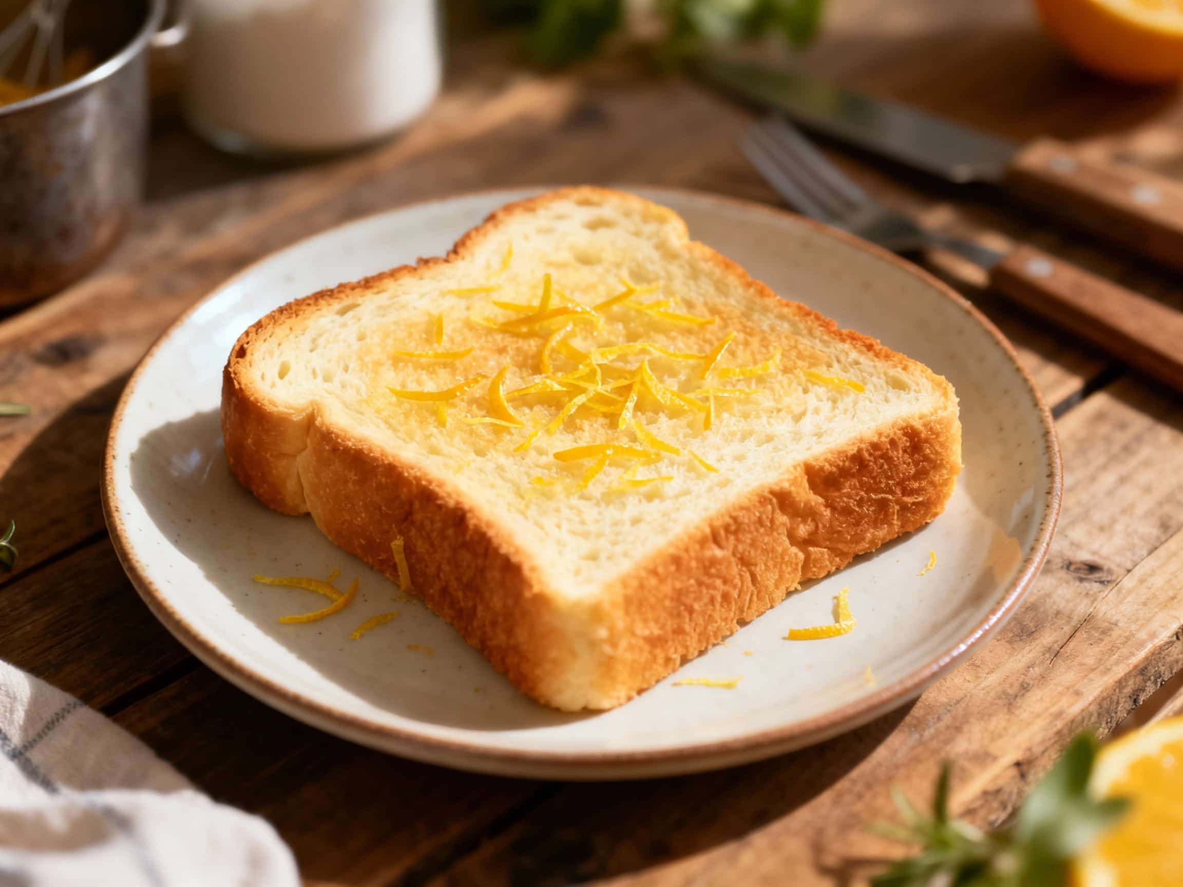 A visually stunning dessert, fluffy white bread is gilded with butter and generously coated in rainbow sprinkles, finished with bright flecks of citrus zest for a touch of elegance.