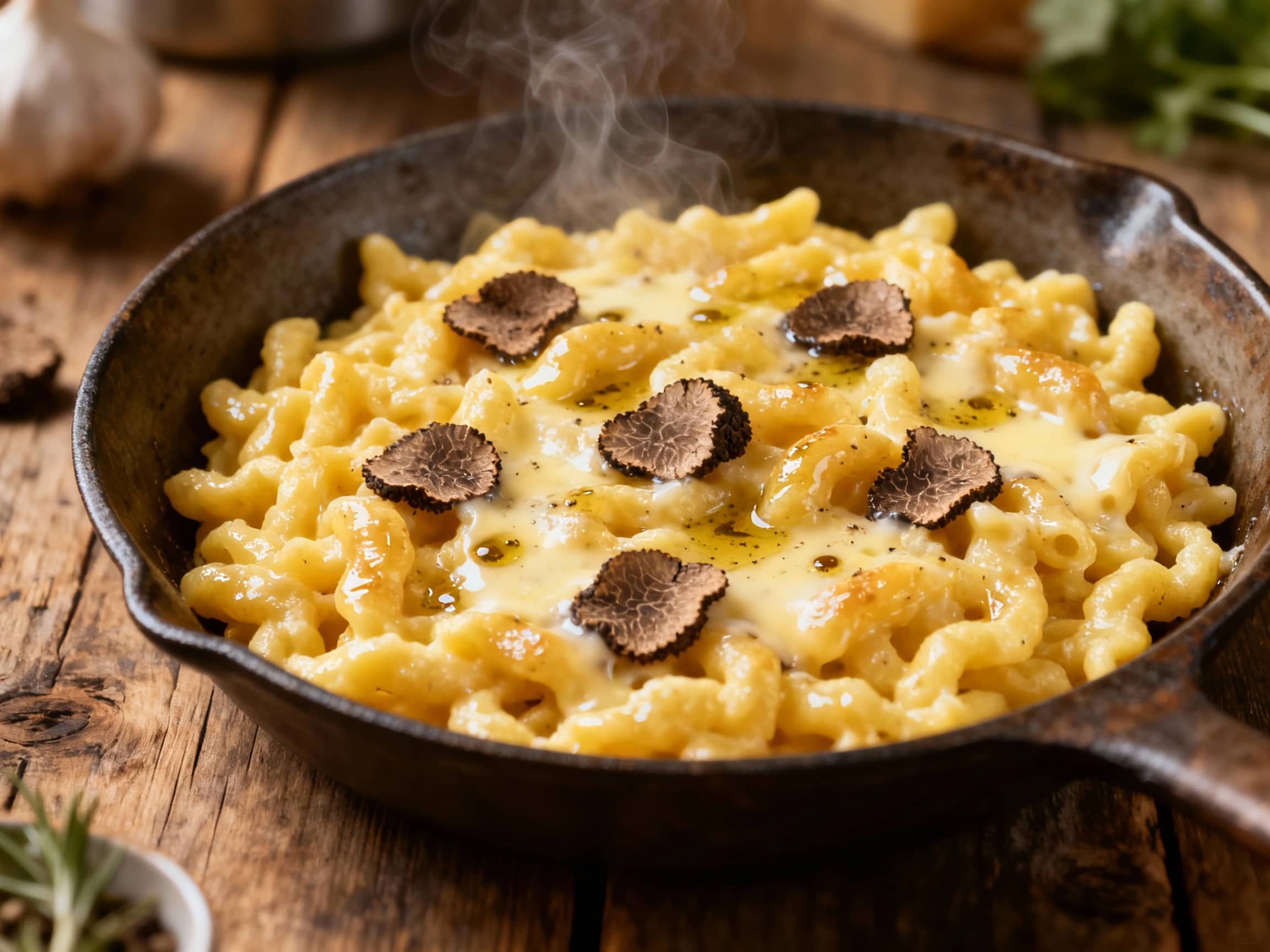 Golden strands of Käsespätzle are generously covered in melted cheese and garnished with fresh chives and a drizzle of truffle oil, creating a comforting and luxurious dish.