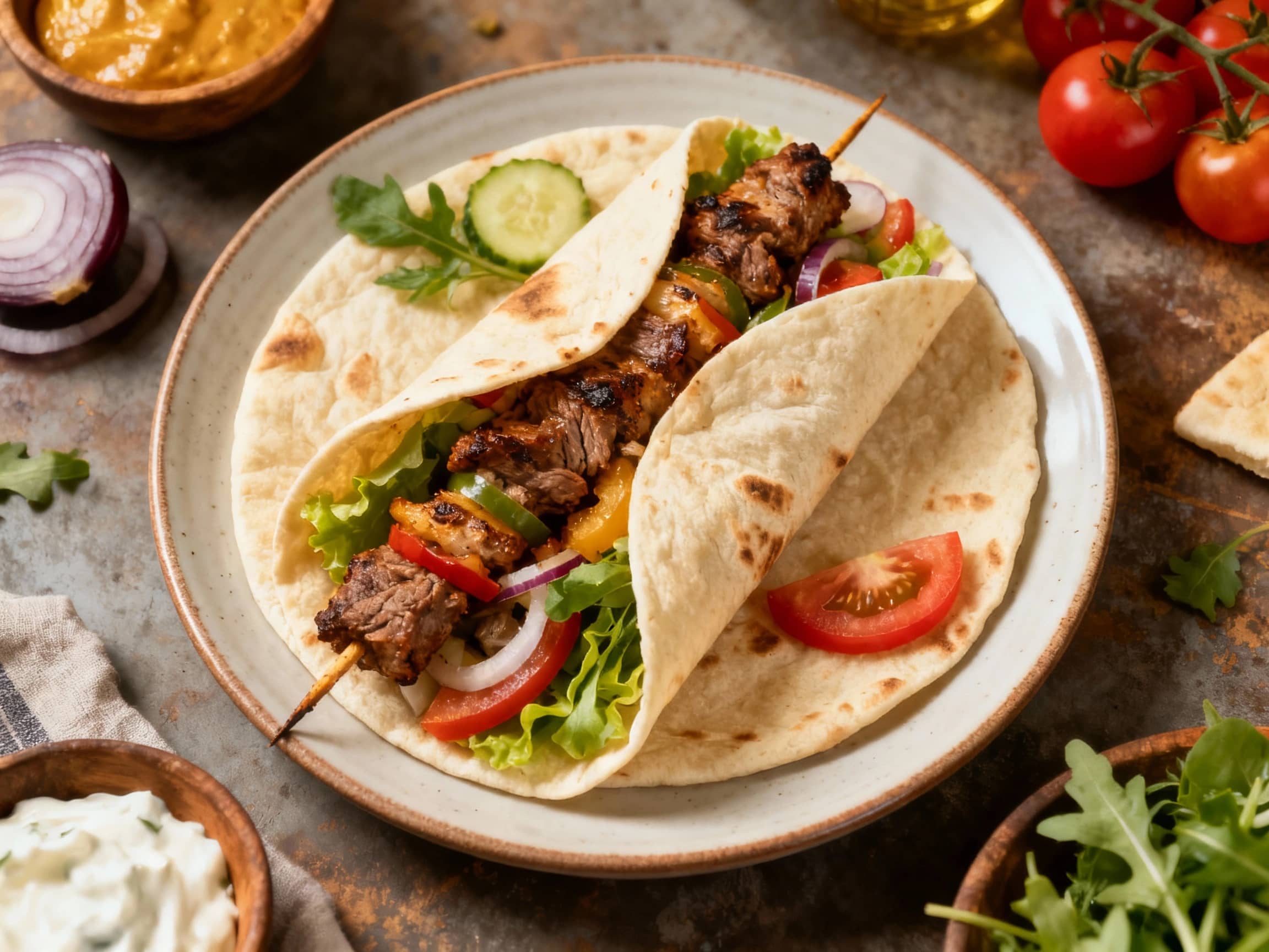 Tender, grilled lamb souvlaki skewers rest in soft pita bread alongside fresh lettuce, tomatoes, and a drizzle of creamy tzatziki sauce, ready to be wrapped and enjoyed.