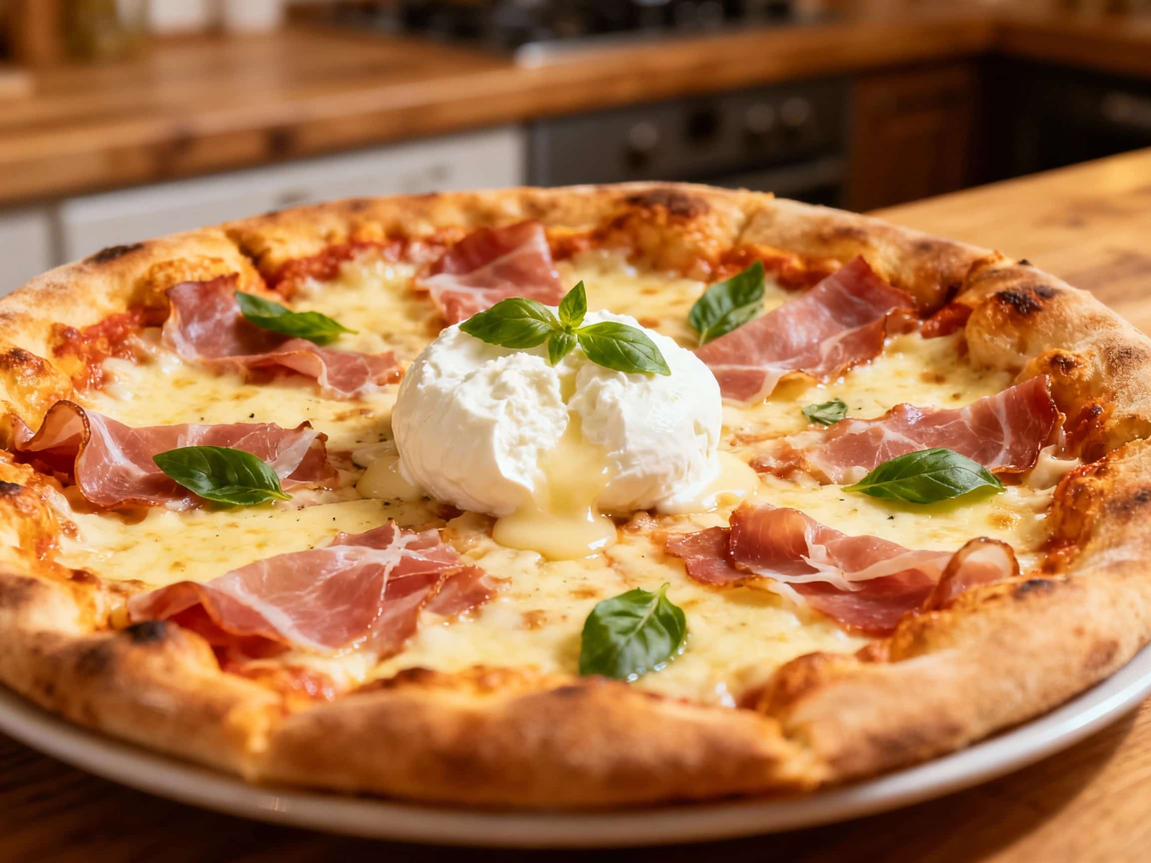 A rustic, rectangular Grandma pizza with a golden, crispy crust is topped with creamy burrata cheese, salty prosciutto, and fresh basil leaves, glistening under warm lighting.