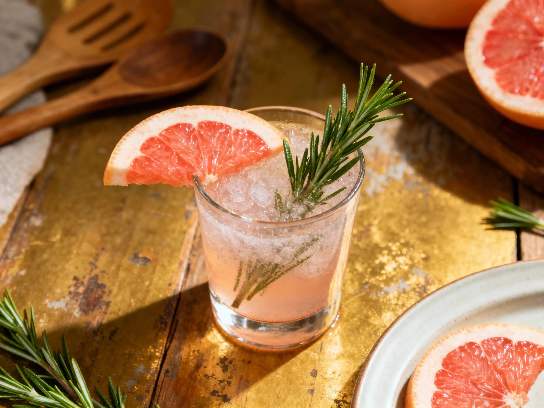 A vibrant grapefruit rosemary sparkler shot with fresh herbs and a grapefruit slice garnish sits invitingly on a dark surface, catching the light.