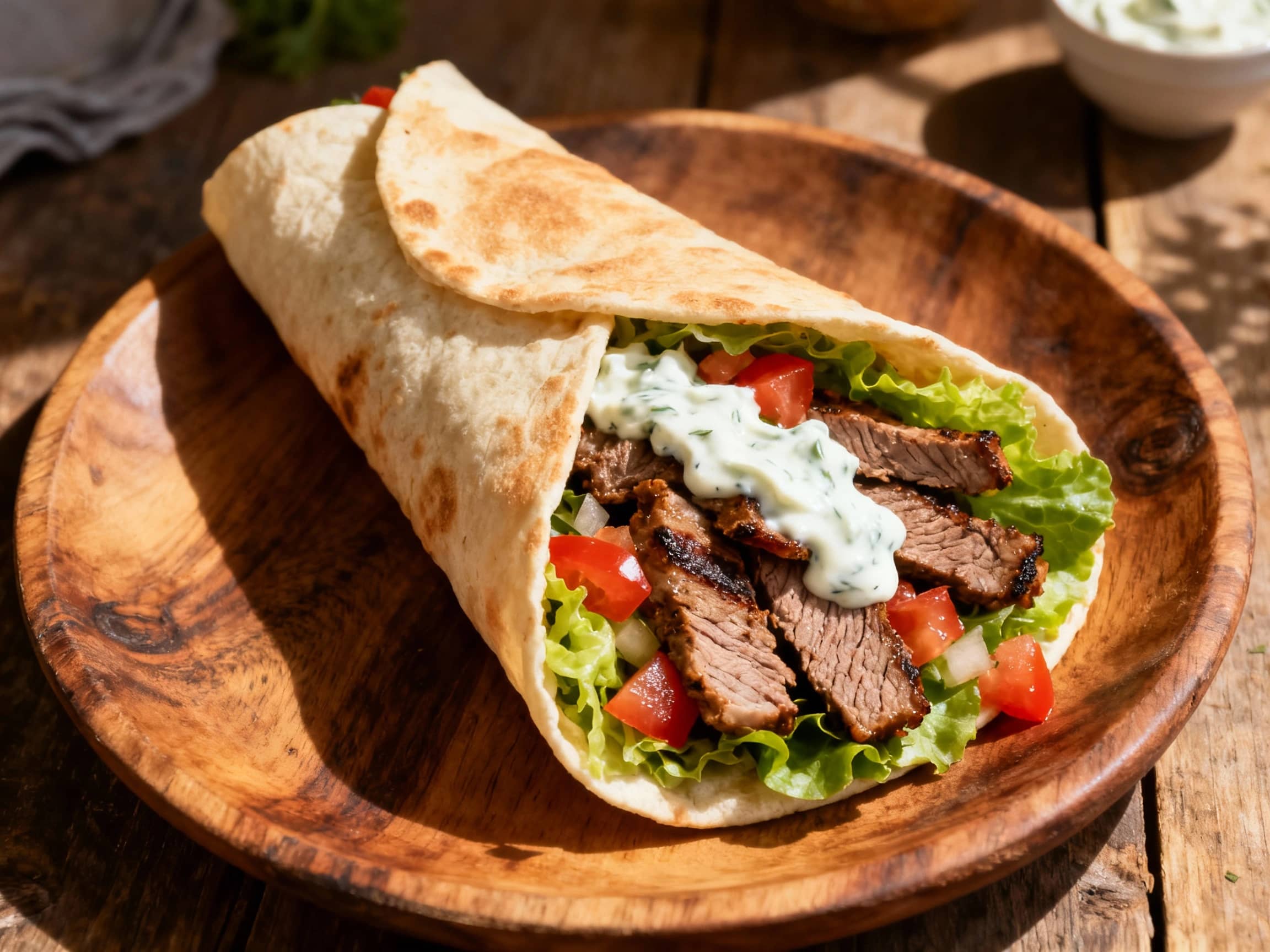 A close-up, overhead view of a mouth-watering Greek Lamb Gyro Wrap, bursting with succulent, seasoned lamb, cool tzatziki sauce, fresh tomatoes, crunchy lettuce, and thinly sliced red onion, all tucked into a soft, warm pita bread. The wrap is artfully arranged on a wooden board, showcasing its rich textures and inviting colors against a neutral background, making it look incredibly appetizing and