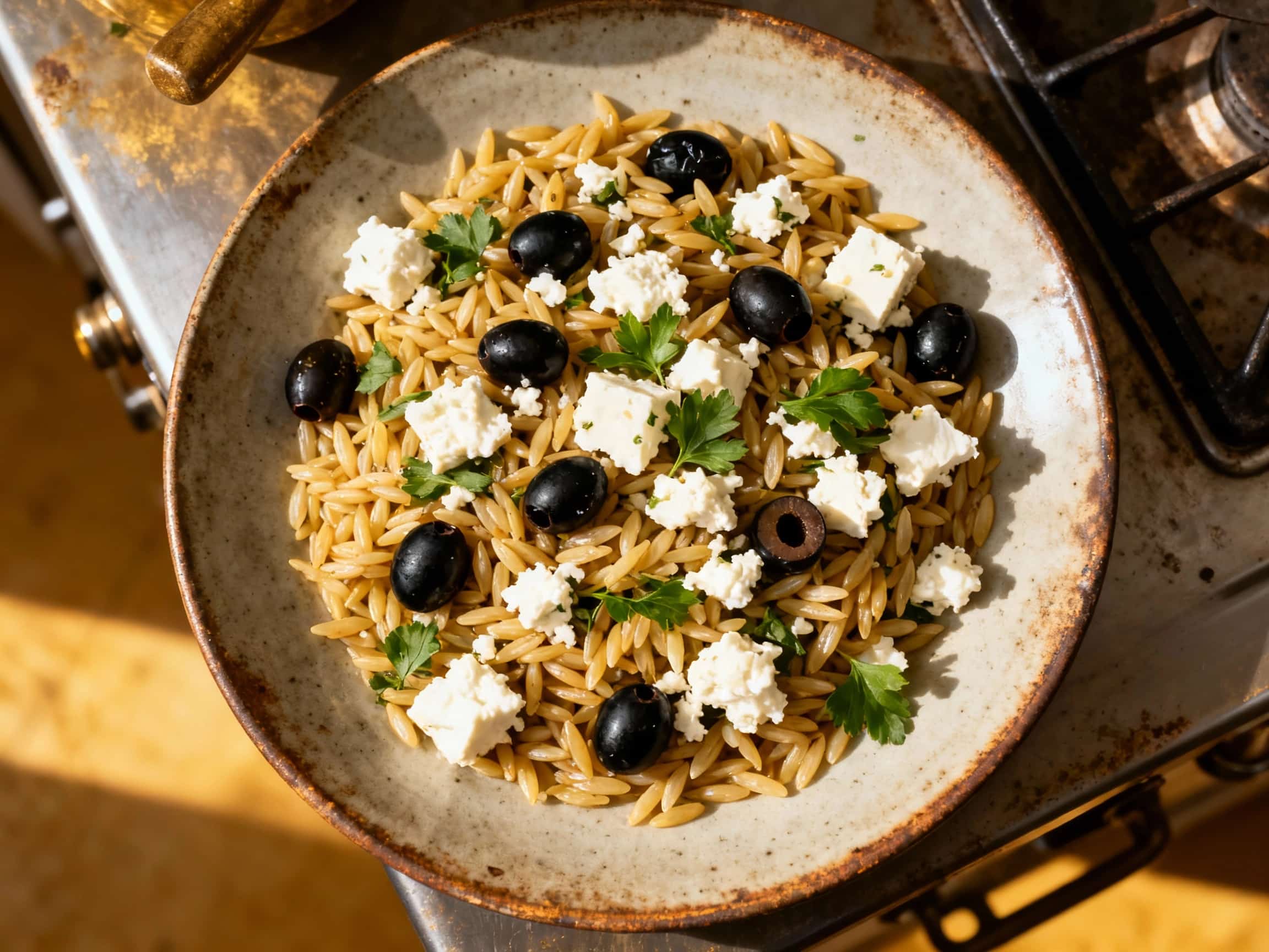 A vibrant Greek orzo salad is piled high in a white bowl, glistening with olive oil, topped with crumbled feta, Kalamata olives, chopped parsley, and slivers of red onion.