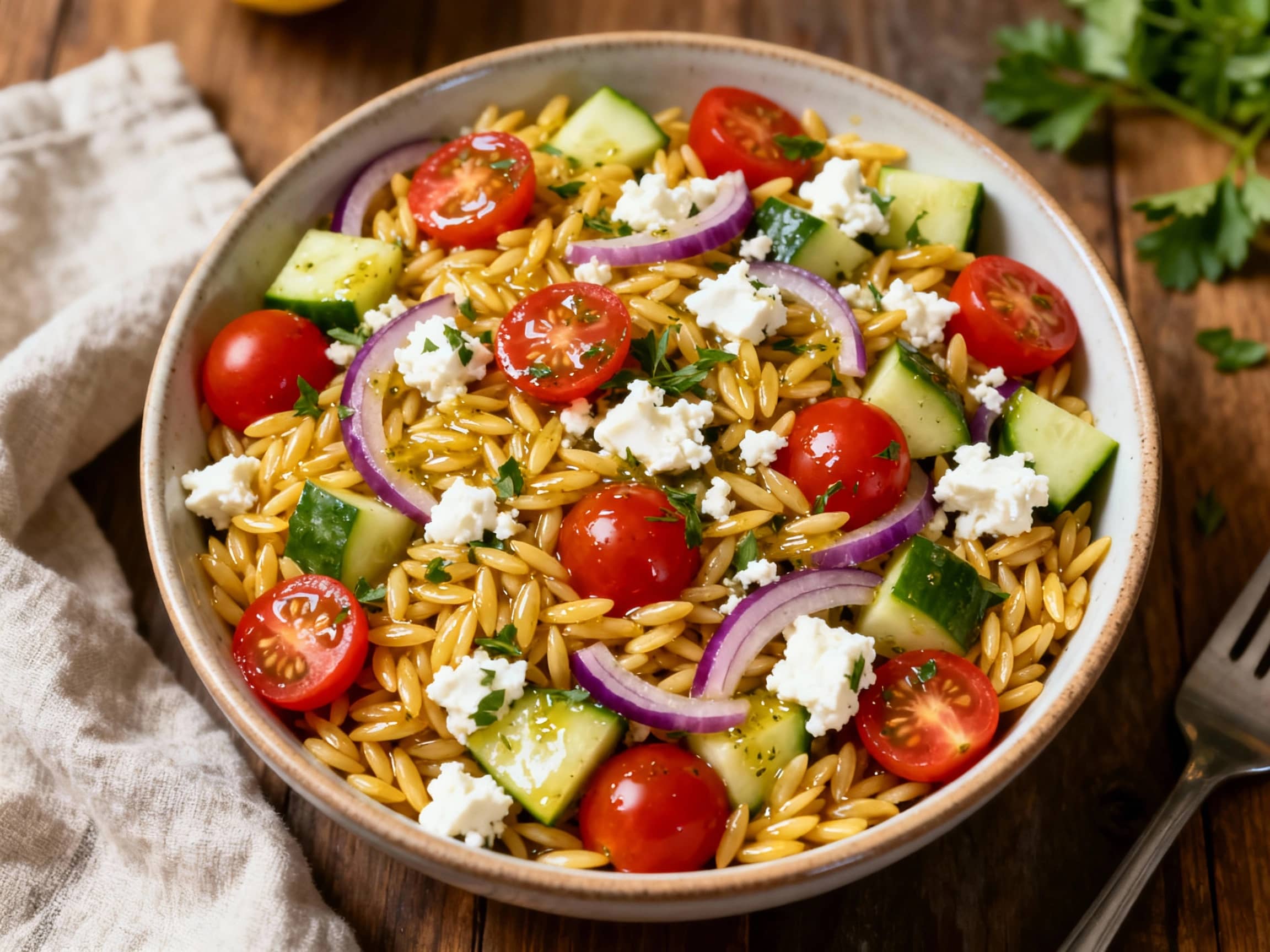 A beautiful overhead view of a vibrant Greek Orzo Salad served in a light blue ceramic bowl on a white wooden table. The pasta salad features a colorful mix of orzo, red bell pepper, cucumber, cherry tomatoes, Kalamata olives, and crumbled feta cheese, all glistening with a lemon-herb vinaigrette. A spoon rests in the bowl, inviting you to enjoy this fresh and tangy vegetable-forward dish.