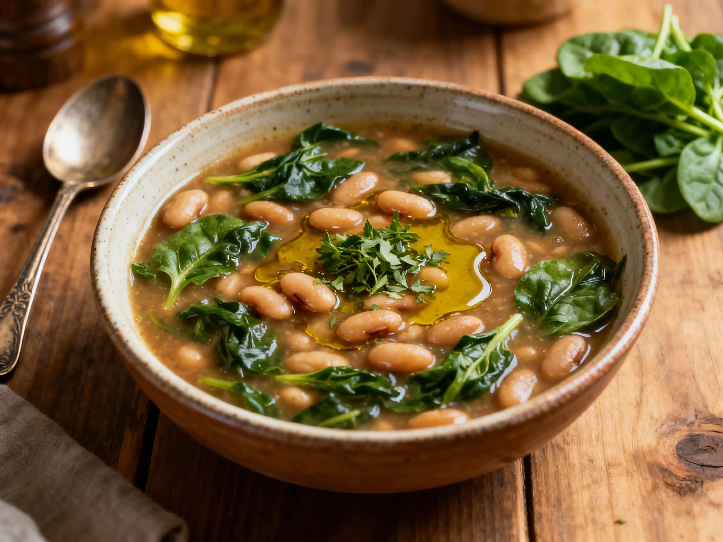 A rustic bowl of hearty white bean soup is generously filled with vibrant green spinach and topped with a drizzle of olive oil and fresh herbs.