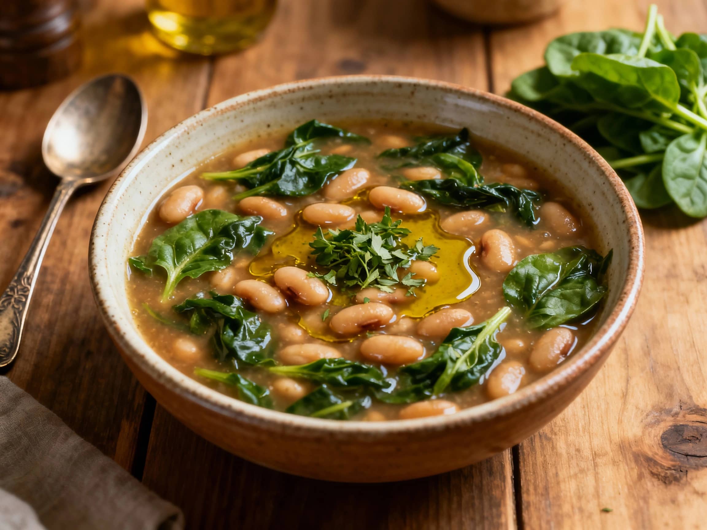 A rustic bowl of hearty white bean soup is generously filled with vibrant green spinach and topped with a drizzle of olive oil and fresh herbs.