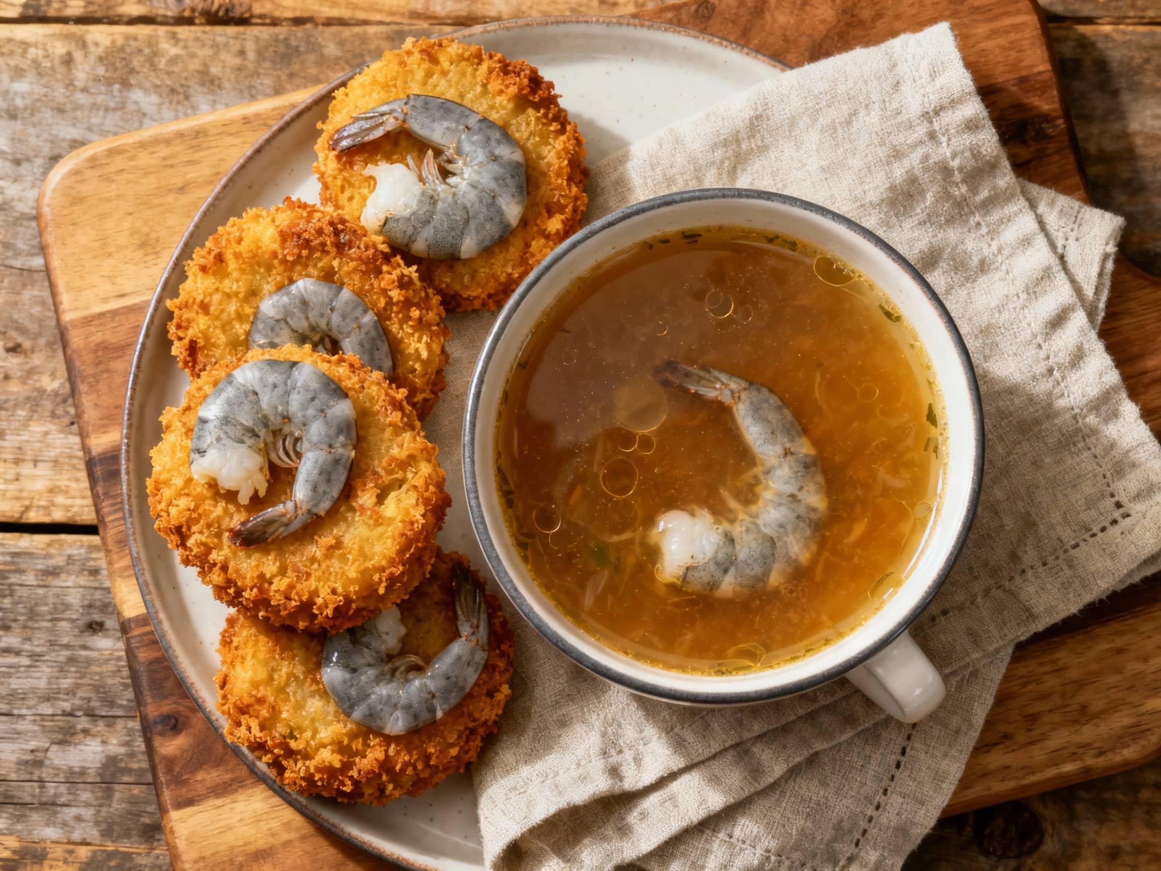 Golden-brown, crispy shrimp croquettes float in a savory, glistening bouillon soup, promising a comforting and delicious meal.