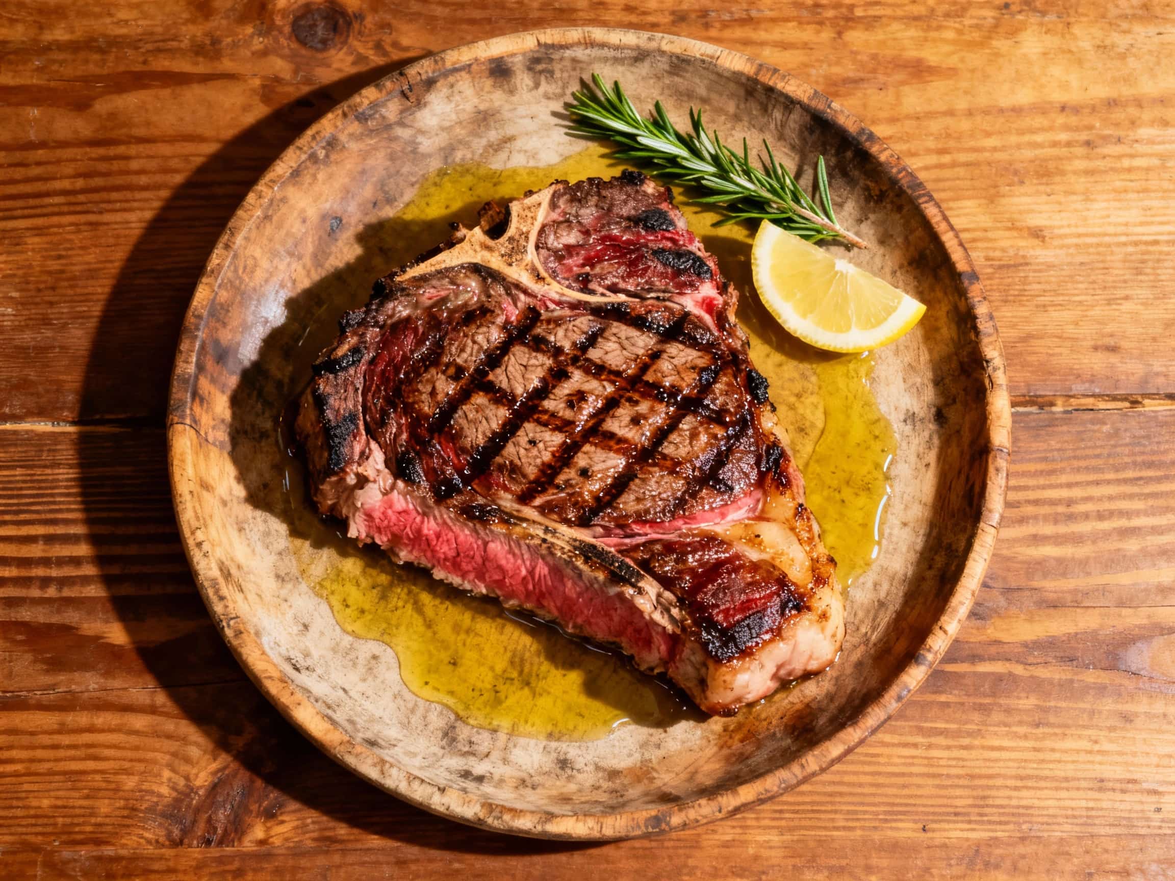A thick, seasoned T-bone steak, grilled to a perfect medium-rare with prominent grill marks, rests on a wooden board, ready to be sliced and served.