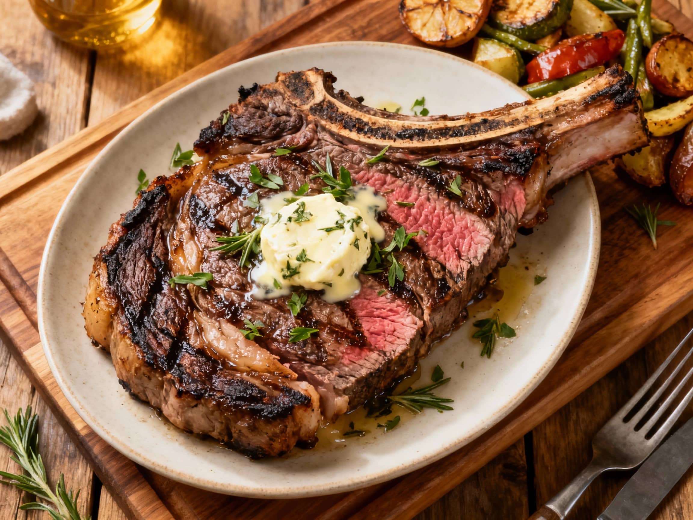 A rustic, beautifully grilled Bistecca alla Fiorentina steak, glistening with herb butter and resting on a wooden board, ready to be sliced and served.