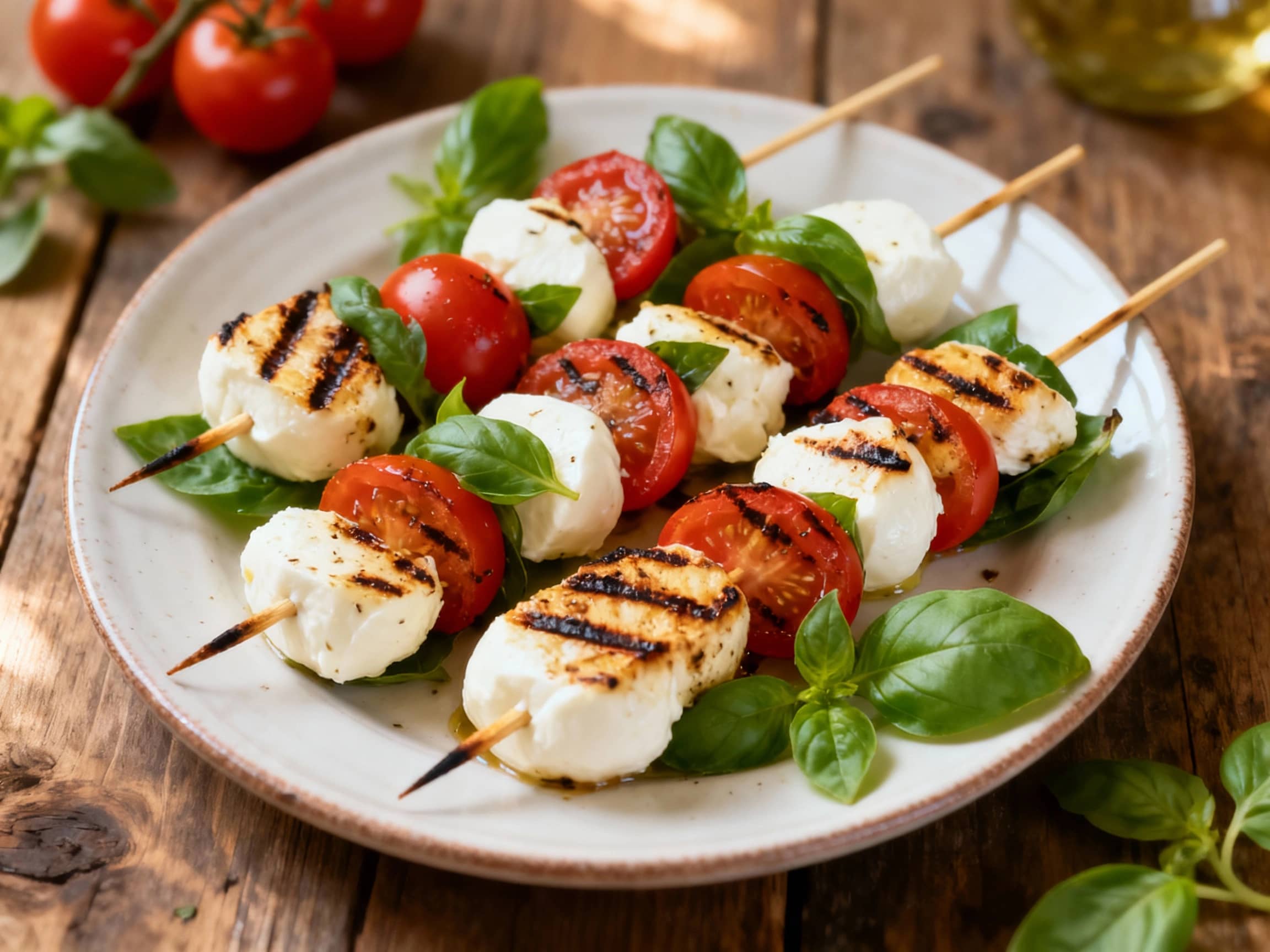 Juicy cherry tomatoes, fresh mozzarella balls, and vibrant basil leaves are threaded onto skewers, lightly grilled and drizzled with balsamic glaze for a colorful and delicious appetizer.
