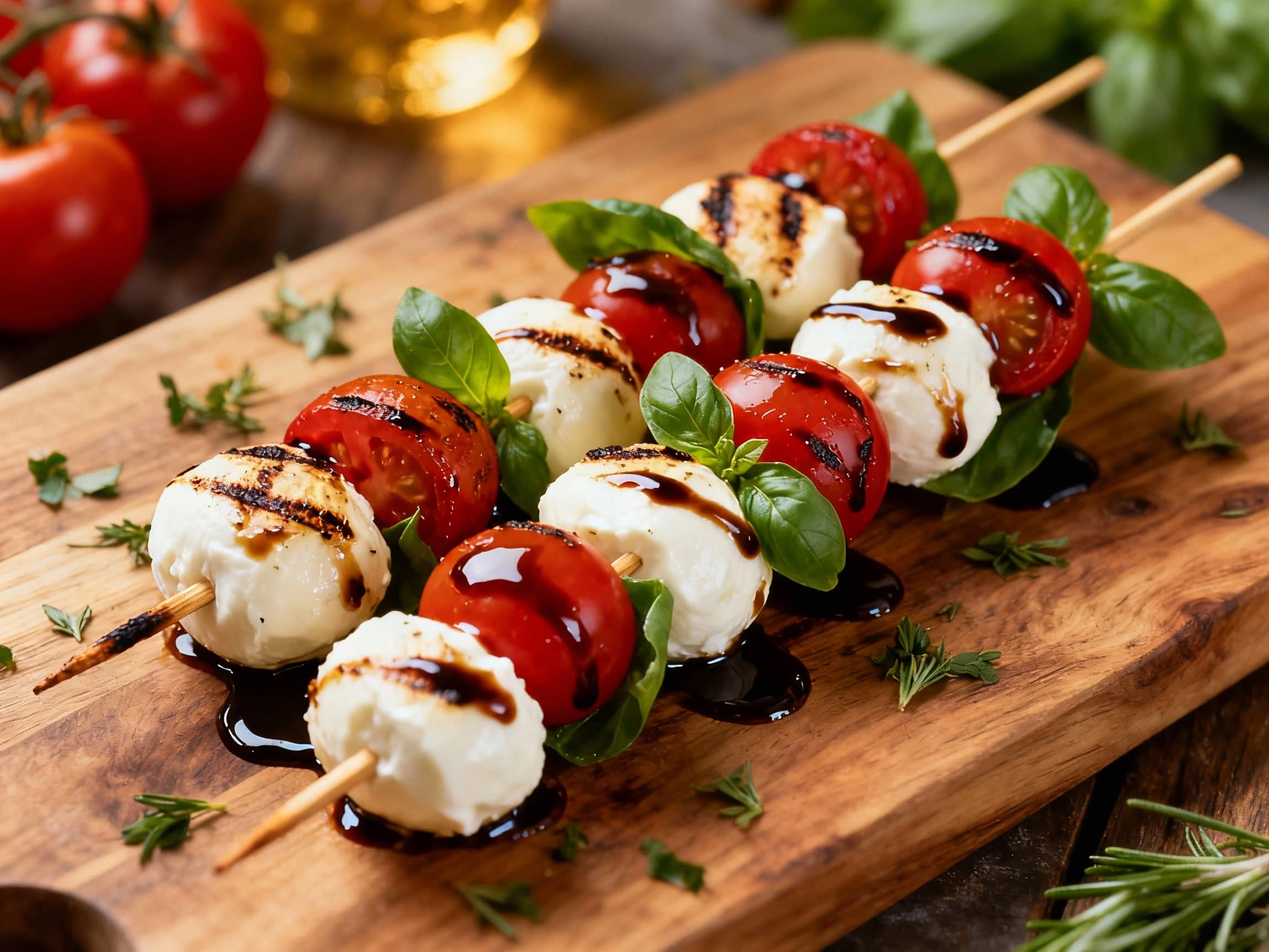 Fresh cherry tomatoes, mozzarella balls, and basil leaves are threaded onto skewers, glistening with olive oil and drizzled with a dark, rich balsamic glaze.