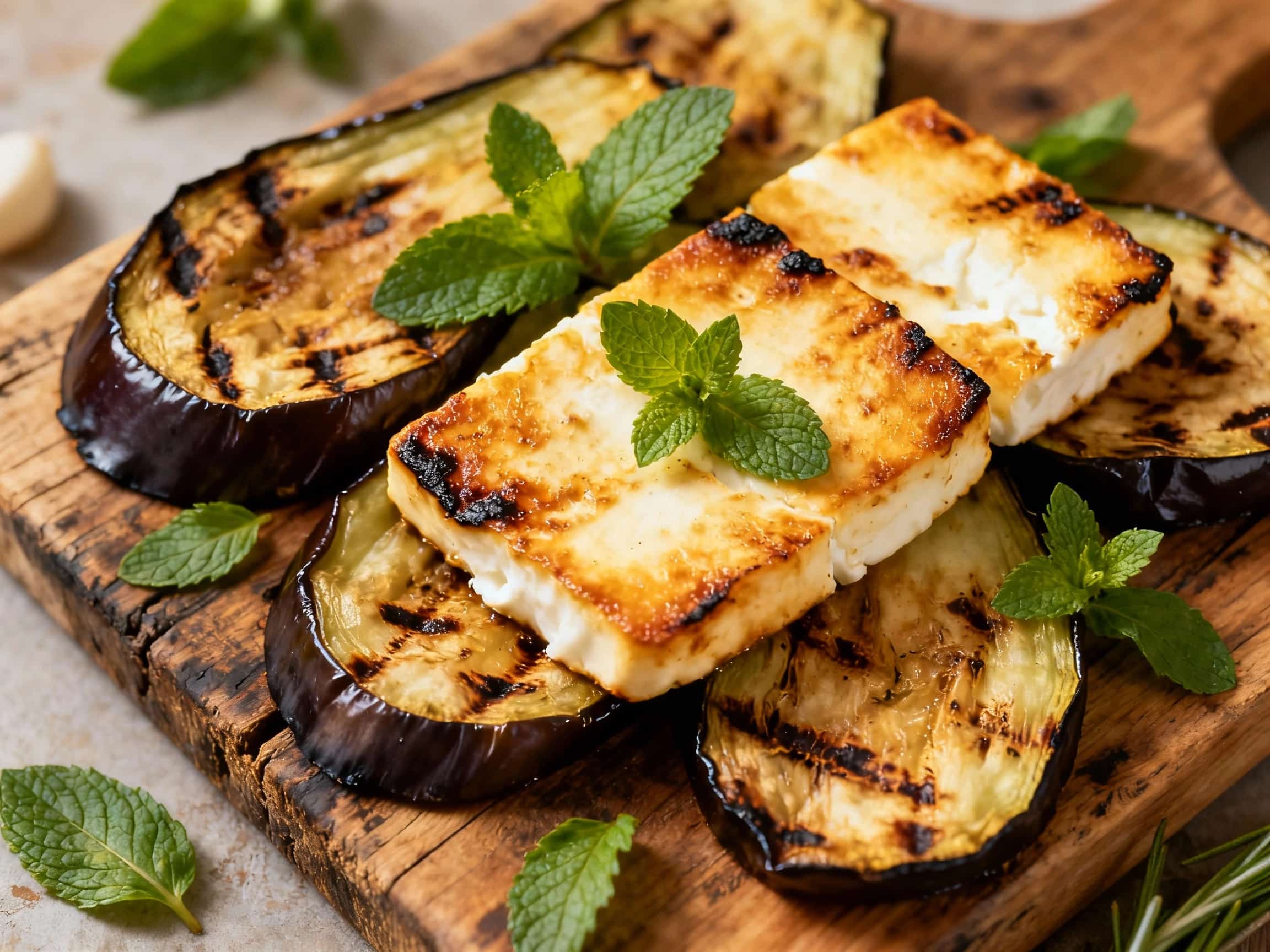 Thick slices of grilled eggplant are topped with golden-brown halloumi cheese and fresh mint leaves, served on a rustic wooden board in warm, natural light.