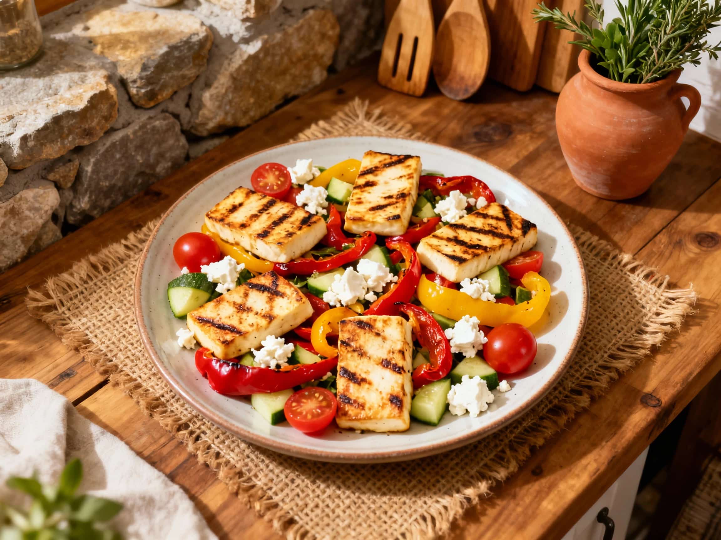 A Mediterranean salad is artfully plated, featuring golden-brown grilled halloumi cheese cubes next to vibrant, charred bell pepper strips and fresh red onion slices.