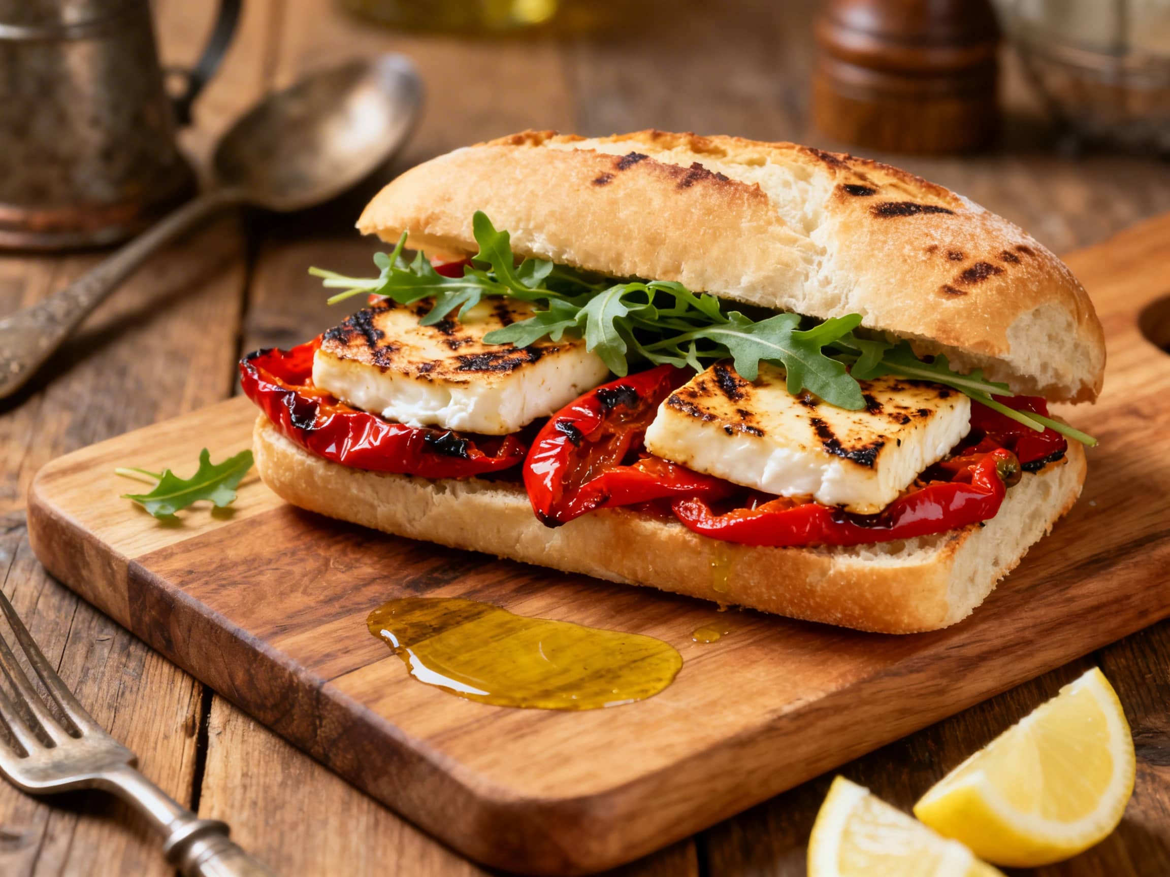 A beautiful grilled halloumi and roasted red pepper sandwich, cut in half to showcase its layers. Golden-brown halloumi cheese is stacked with bright red roasted peppers and a bed of fresh green arugula, all enclosed in a perfectly toasted ciabatta bun. The sandwich rests on a rustic wooden surface, appearing fresh, flavorful, and ready to eat, evoking a light and healthy Mediterranean meal.