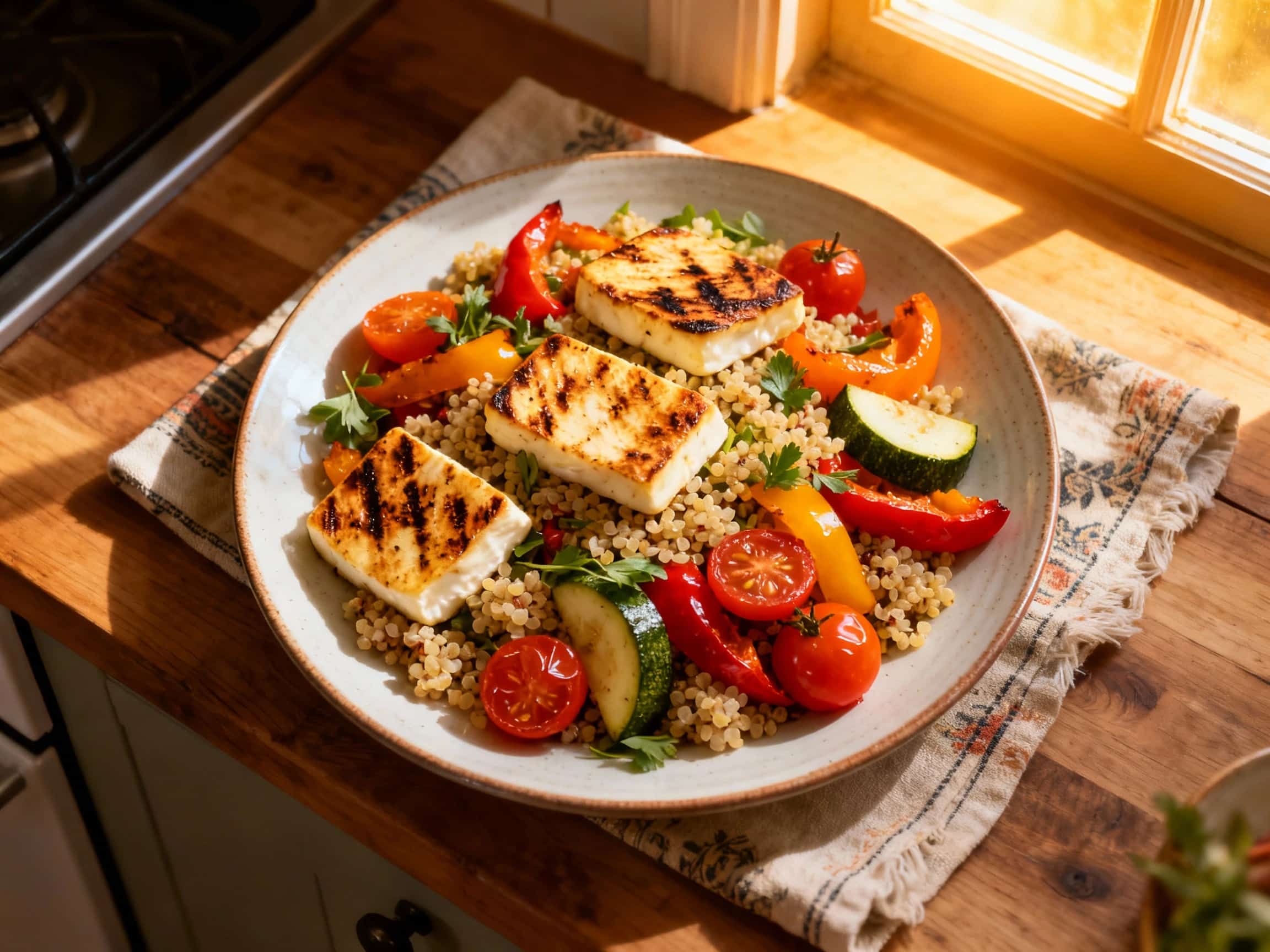 A vibrant Grilled Halloumi and Vegetable Quinoa Salad presented in a large white bowl, brimming with color and texture. Golden-brown grilled halloumi cubes are interspersed with charred strips of red, yellow, and orange bell peppers, tender zucchini, and red onion. Fluffy quinoa forms the base, generously mixed with fresh green herbs. A bright lemon-herb vinaigrette is visibly drizzled over the sa