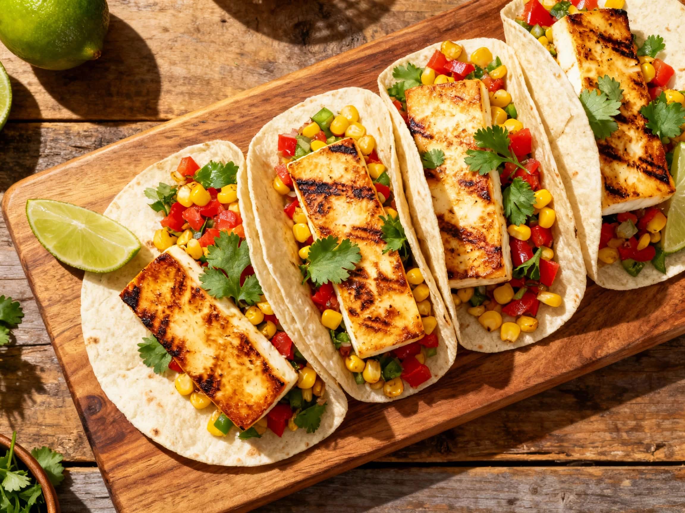 Golden-brown grilled halloumi cheese sits atop vibrant corn salsa in a halved tortilla, ready to be devoured.