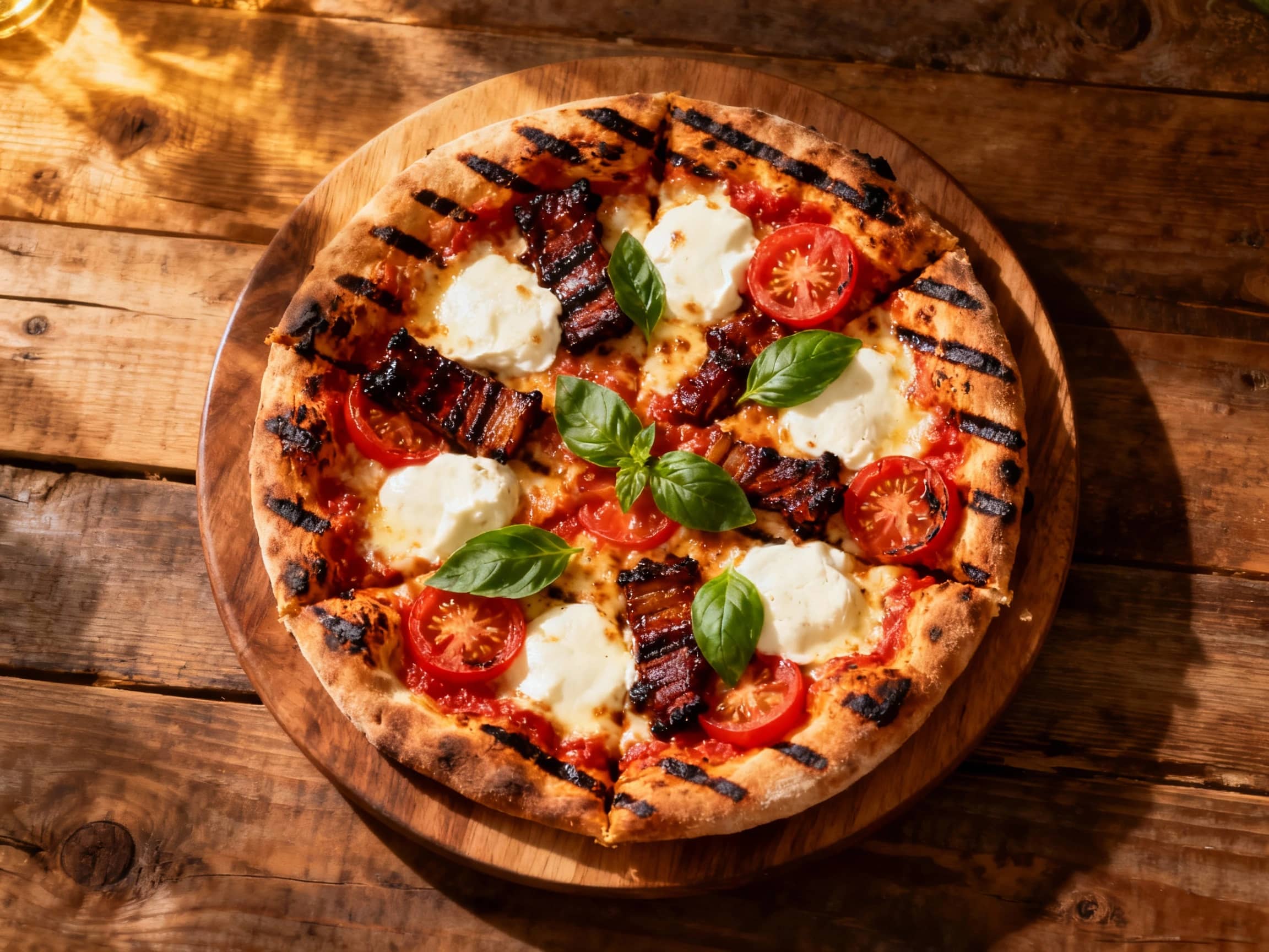 Perfectly charred grilled pizza with vibrant red sauce, melted mozzarella, fresh basil ribbons, and a drizzle of balsamic glaze sits on a rustic wooden board.