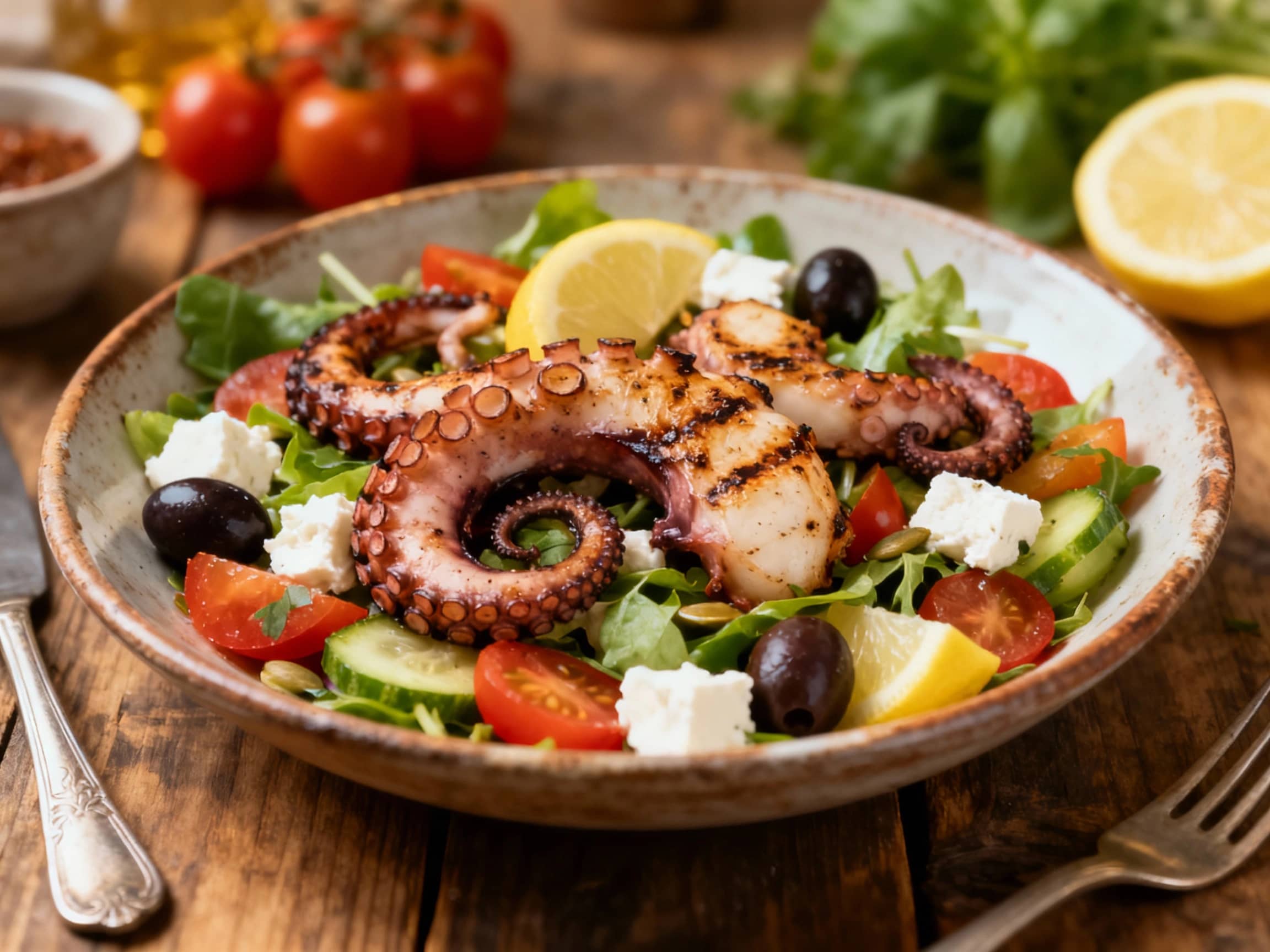 Tender, char-grilled octopus tentacles are artfully arranged atop a vibrant Greek village salad, bursting with fresh cucumber, tomatoes, olives, and feta cheese, evoking a sun-drenched Mediterranean meal.