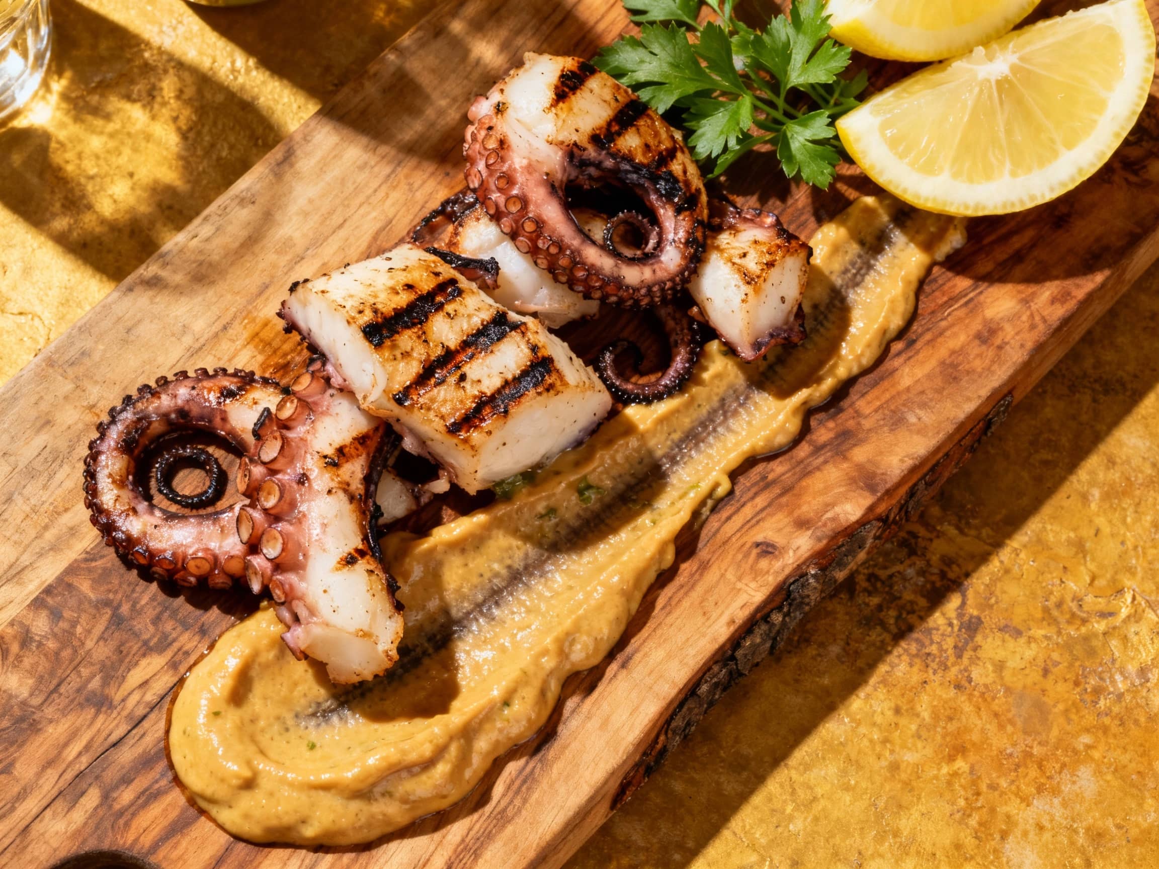 Tender, grilled octopus tentacles are artfully arranged on a rustic wooden board, drizzled with olive oil and sprinkled with paprika, with a dollop of creamy lemon-garlic aioli on the side.