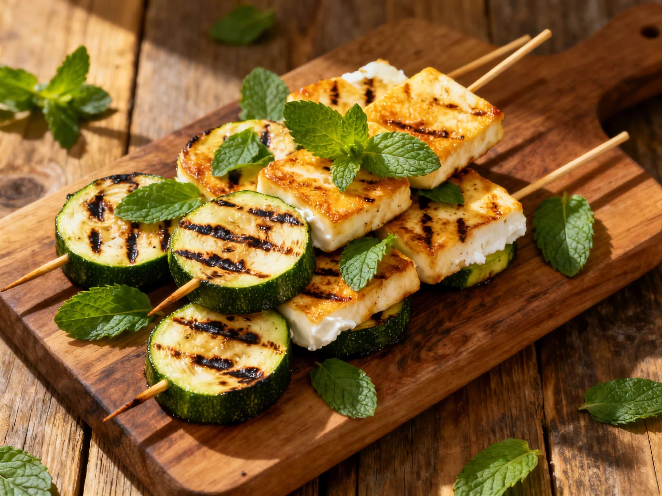 Close-up image of beautifully grilled zucchini and halloumi skewers arranged on a rustic wooden platter. The zucchini pieces are tender with visible char marks, and the halloumi cheese cubes are golden brown and slightly crisp. Fresh mint leaves are sprinkled over the top, adding a vibrant green color. The dish is presented warm, suggesting a delightful summer vegetable side, ready to be enjoyed a