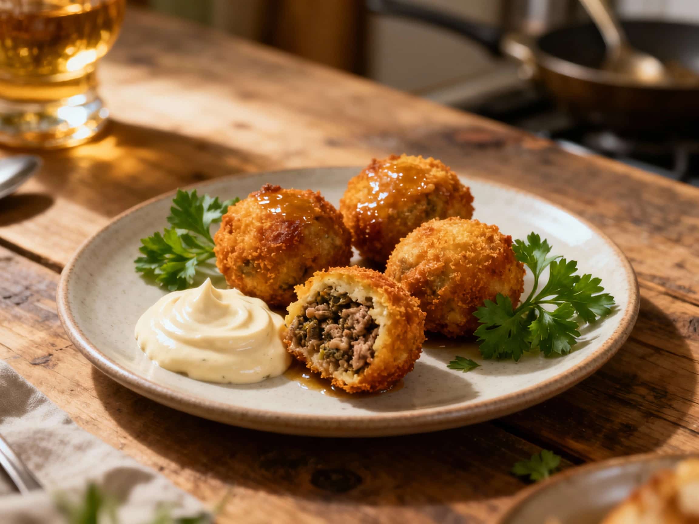 Golden-brown, crispy haggis bonbons are artfully arranged on a dark slate plate, glistening with a smooth whisky mayonnaise, perfect for a festive appetizer.