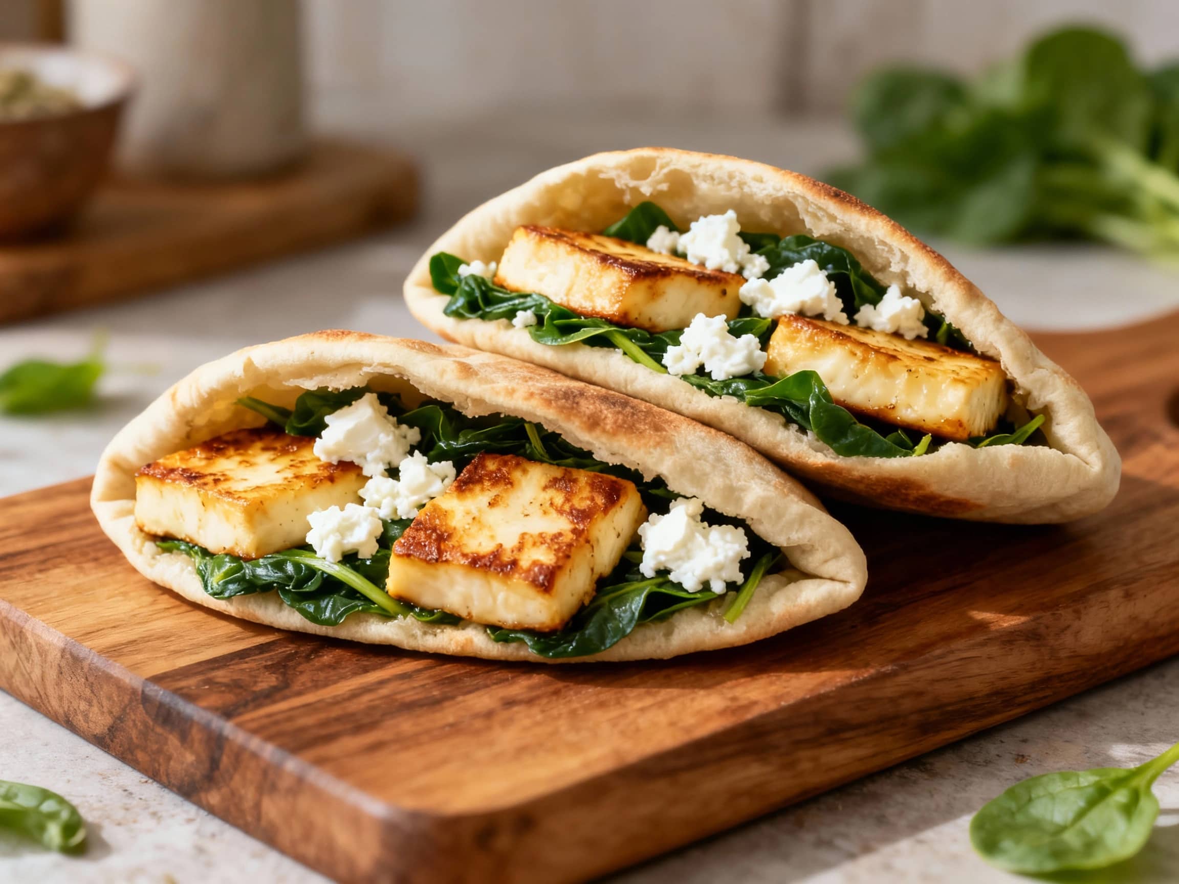 A warm, open pita bread pocket stuffed with a colorful and inviting filling. Inside, golden-brown slices of grilled halloumi cheese are layered with creamy crumbled feta and vibrant green, wilted spinach. A light drizzle of lemon juice adds a fresh sheen to the ingredients. The pita bread shows a soft, slightly toasted exterior, hinting at its warmth. The overall presentation is rustic and appeali