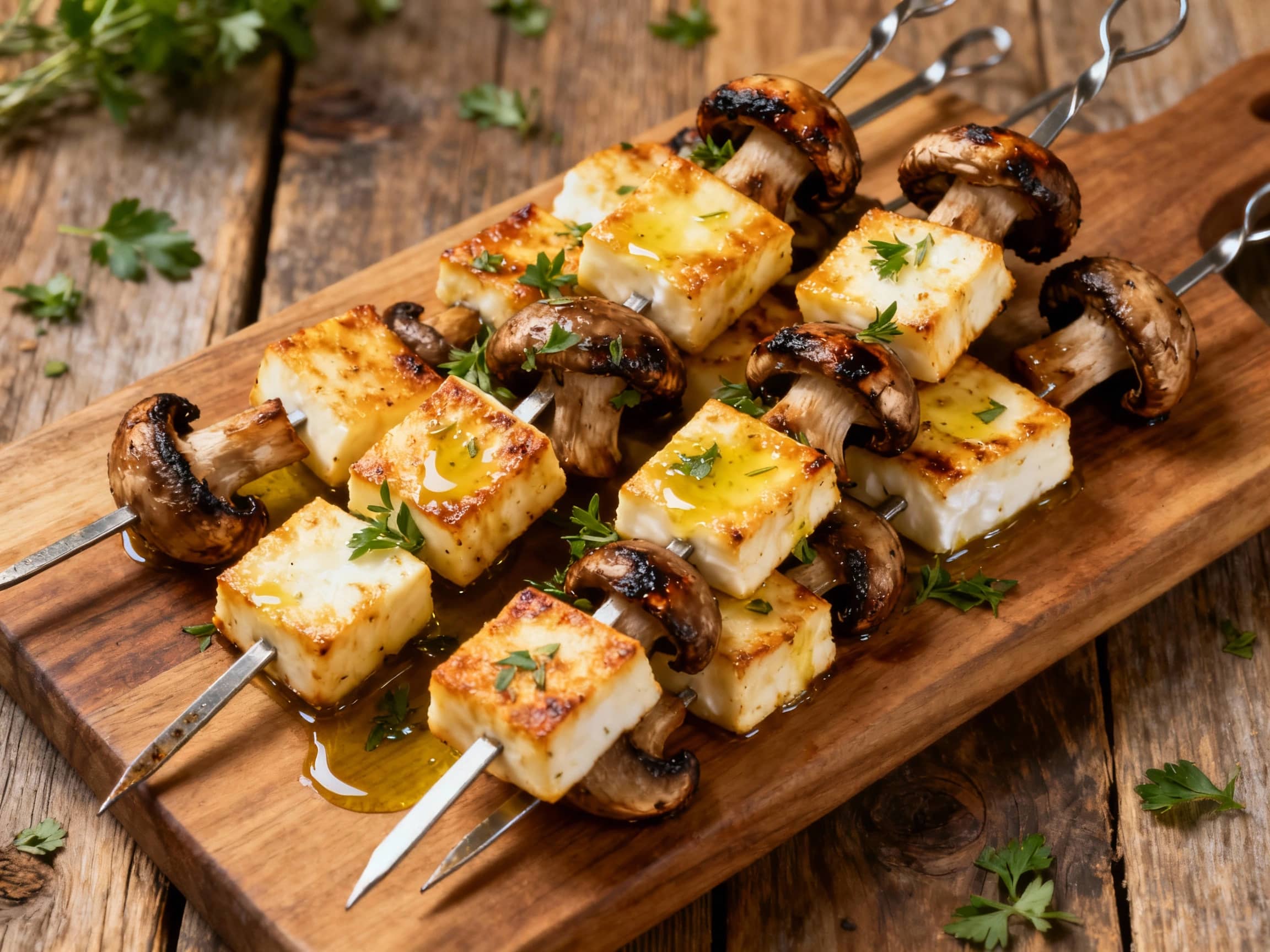 Golden-brown halloumi cheese cubes and plump button mushrooms are threaded onto skewers, grilled to perfection, and artfully arranged on a white plate, ready to be enjoyed.