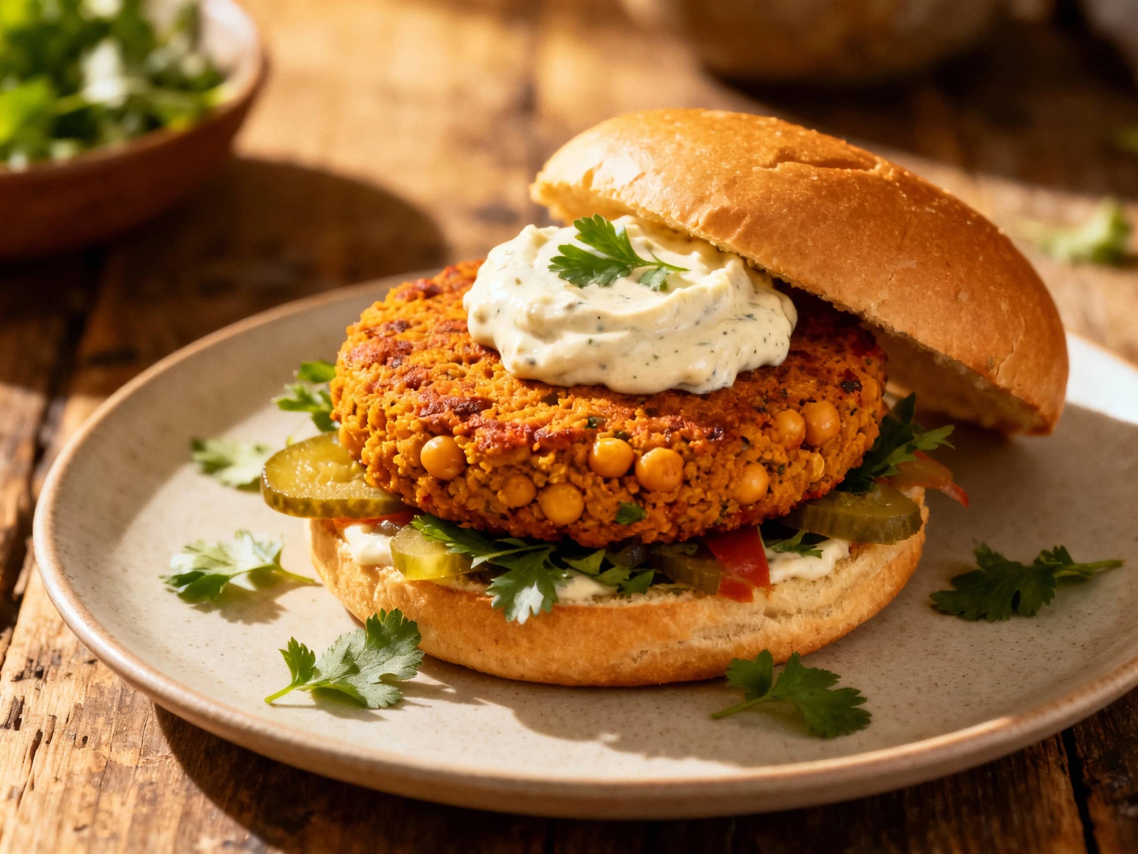 A golden-brown harissa chickpea burger is generously topped with creamy yogurt and garnished with fresh herbs, presented invitingly on a clean white plate.