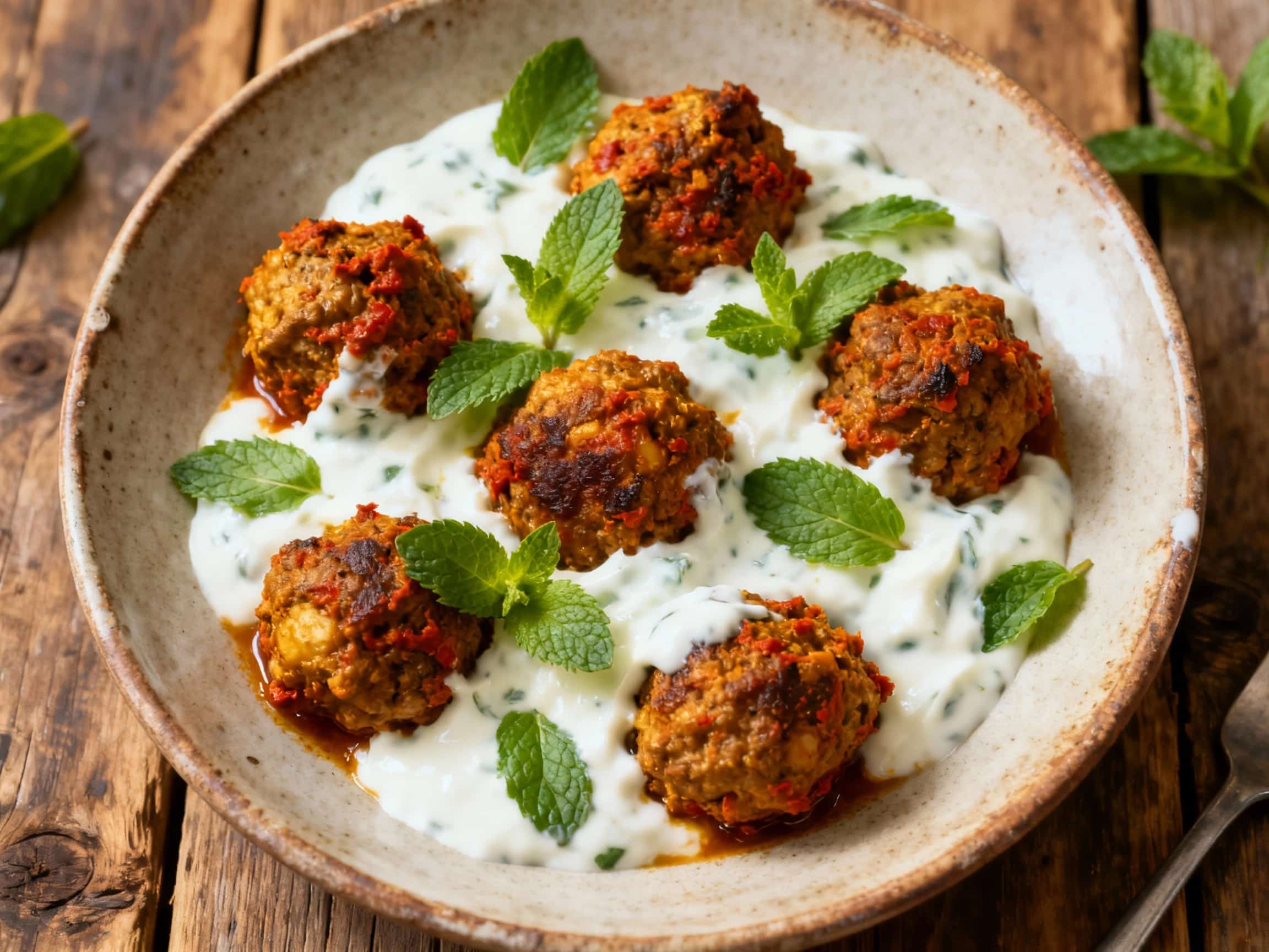 Plump lamb meatballs, glistening with harissa spices, sit warmly in a creamy mint yogurt sauce, finished with fresh mint leaves for a vibrant and aromatic presentation.