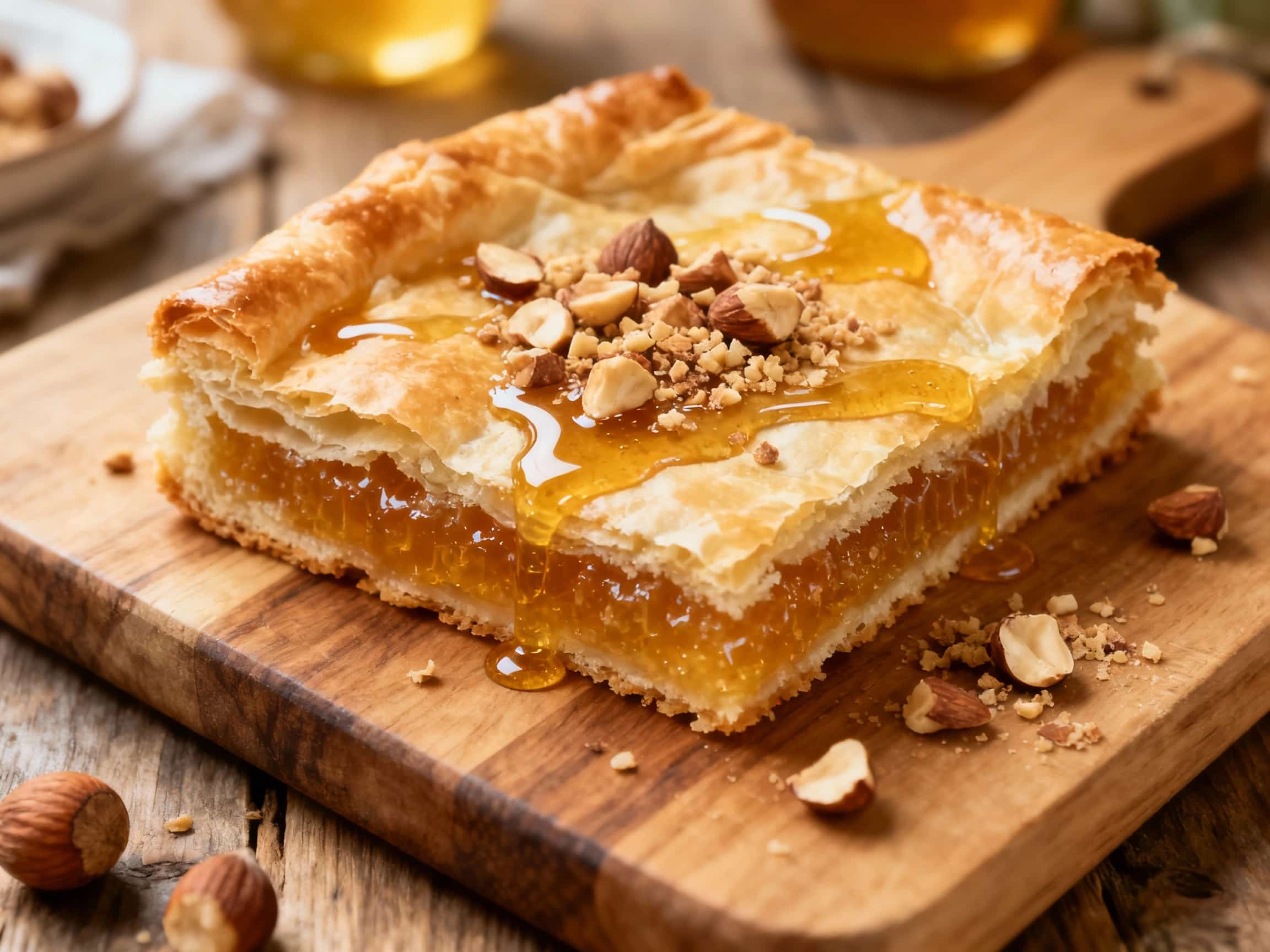 Golden-brown, chewy Ghent moppen bars, dusted with powdered sugar and topped with toasted hazelnuts, are stacked artfully on a rustic wooden board, evoking a warm, inviting bake shop atmosphere.