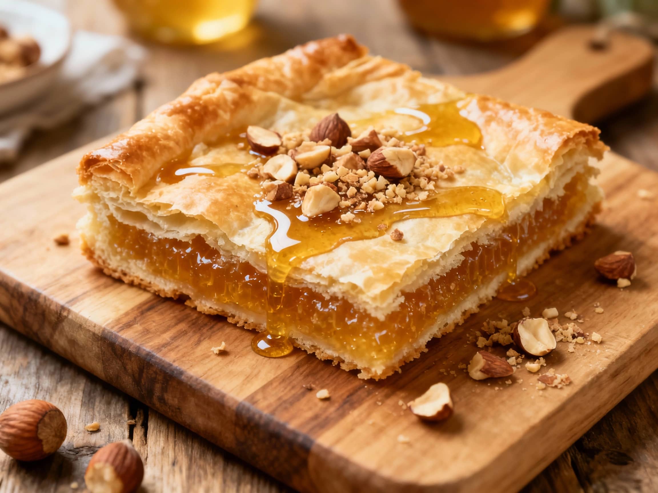 Golden-brown, chewy Ghent moppen bars, dusted with powdered sugar and topped with toasted hazelnuts, are stacked artfully on a rustic wooden board, evoking a warm, inviting bake shop atmosphere.