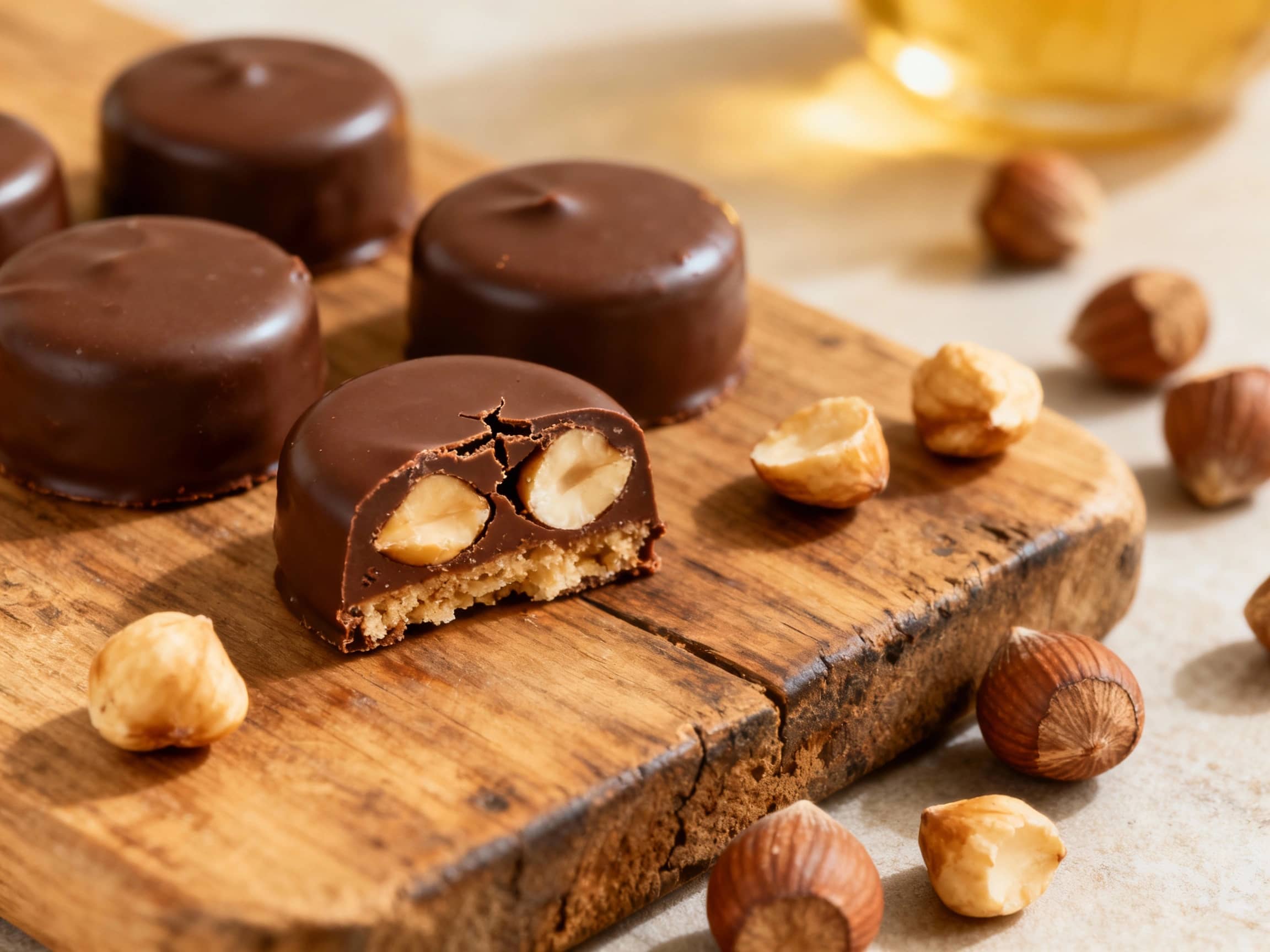 Rich, dark chocolate bonbons are artfully arranged on a rustic wooden board, sprinkled with crushed hazelnuts and a dusting of cocoa powder for a decadent treat.