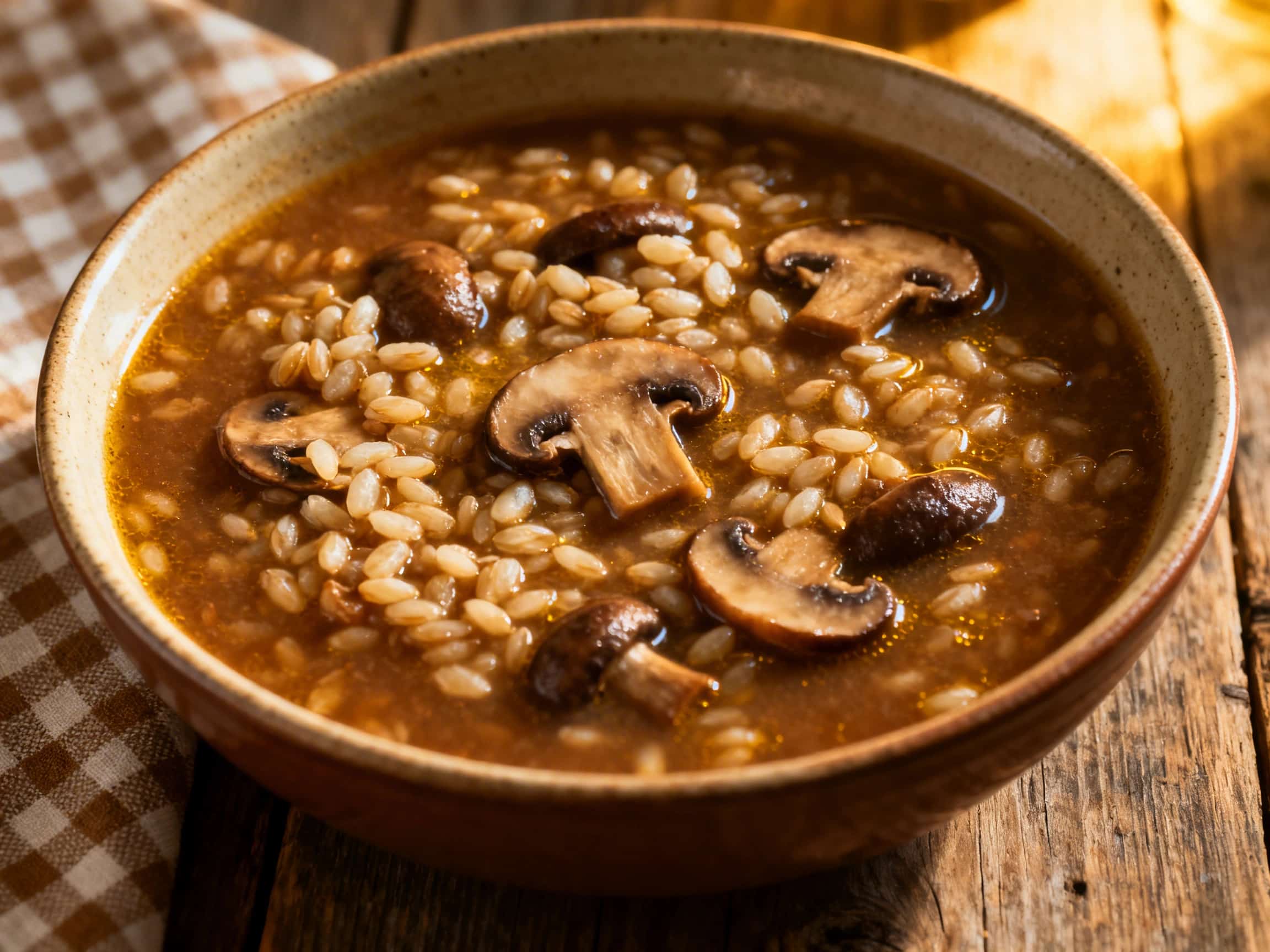 A rustic earthenware bowl filled to the brim with steaming Hearty Barley and Mushroom Stew. The stew showcases tender pearl barley, thick slices of mixed mushrooms, bright orange carrots, and green celery segments in a rich, dark broth. Fresh green sprigs of thyme and finely chopped rosemary are scattered on top as a garnish. The bowl rests on a distressed wooden table, conveying a cozy and comfor