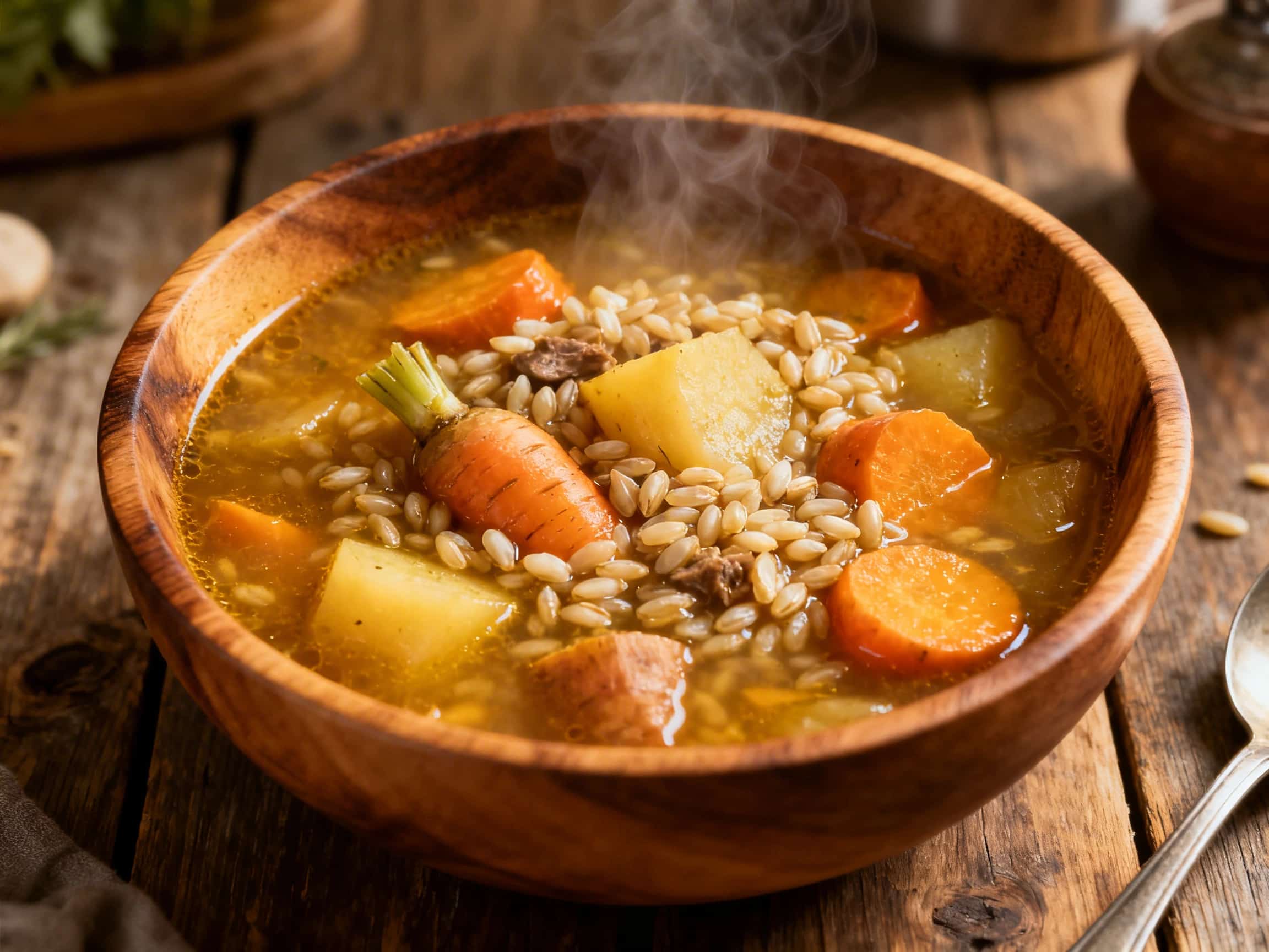 A rustic ceramic bowl brimming with a hearty, colorful barley and root vegetable stew soup, garnished with fresh thyme and parsley, set on a distressed wooden table. The soup contains visible pieces of carrots, parsnips, and sweet potatoes, as well as pearl barley, all swimming in a rich, amber broth. The scene conveys warmth and comfort, perfect for a cozy meal.