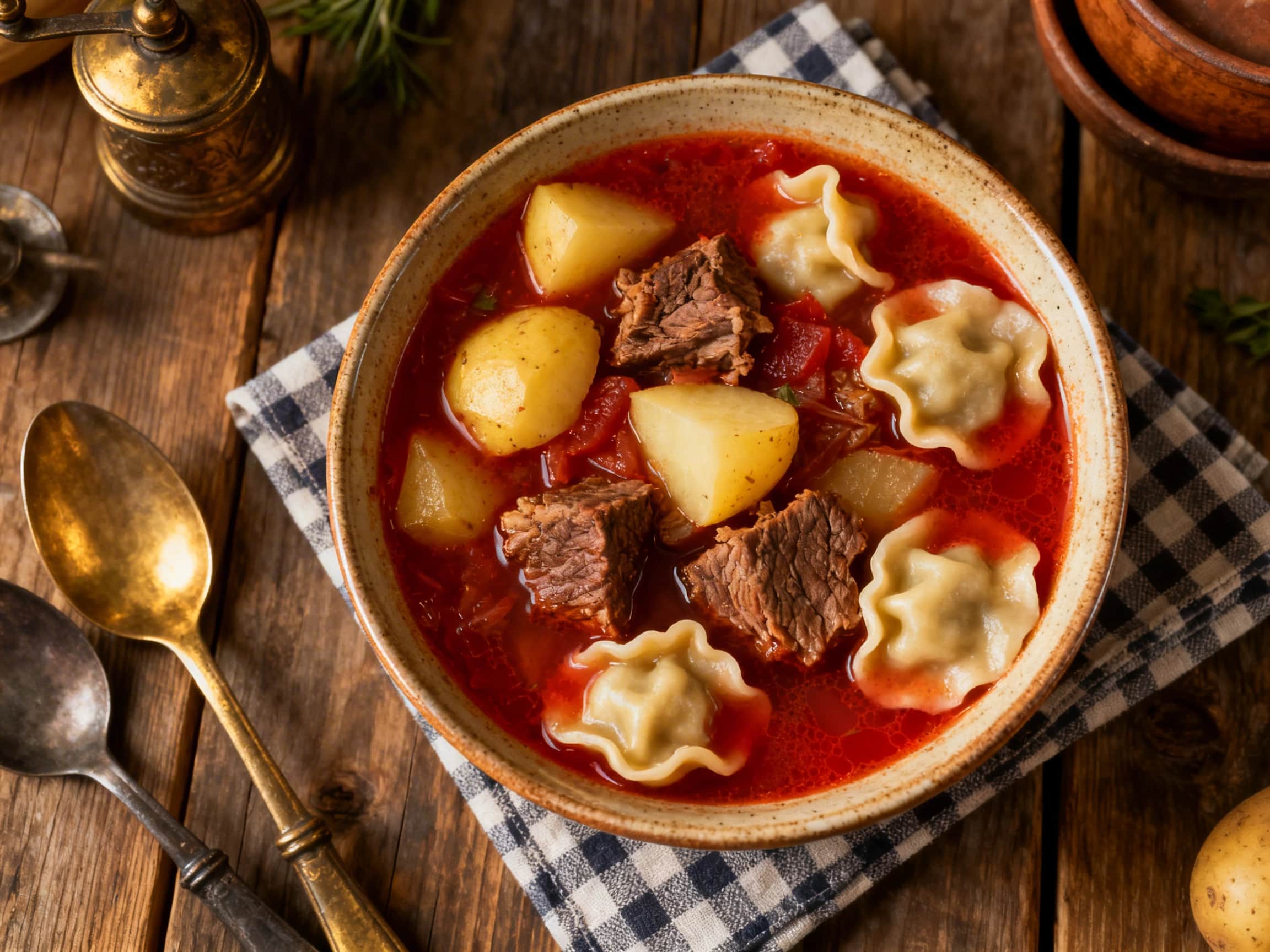 A rustic wooden bowl prominently features a generous serving of freshly cooked beef and potato borscht-pelmeni, plump and tender. A large dollop of white sour cream rests on top, surrounded by a vibrant garnish of chopped fresh green dill. The scene is warm and inviting, with slight steam suggesting the dish is hot and ready to enjoy. The bowl sits on a subtle, textured surface, enhancing the rust